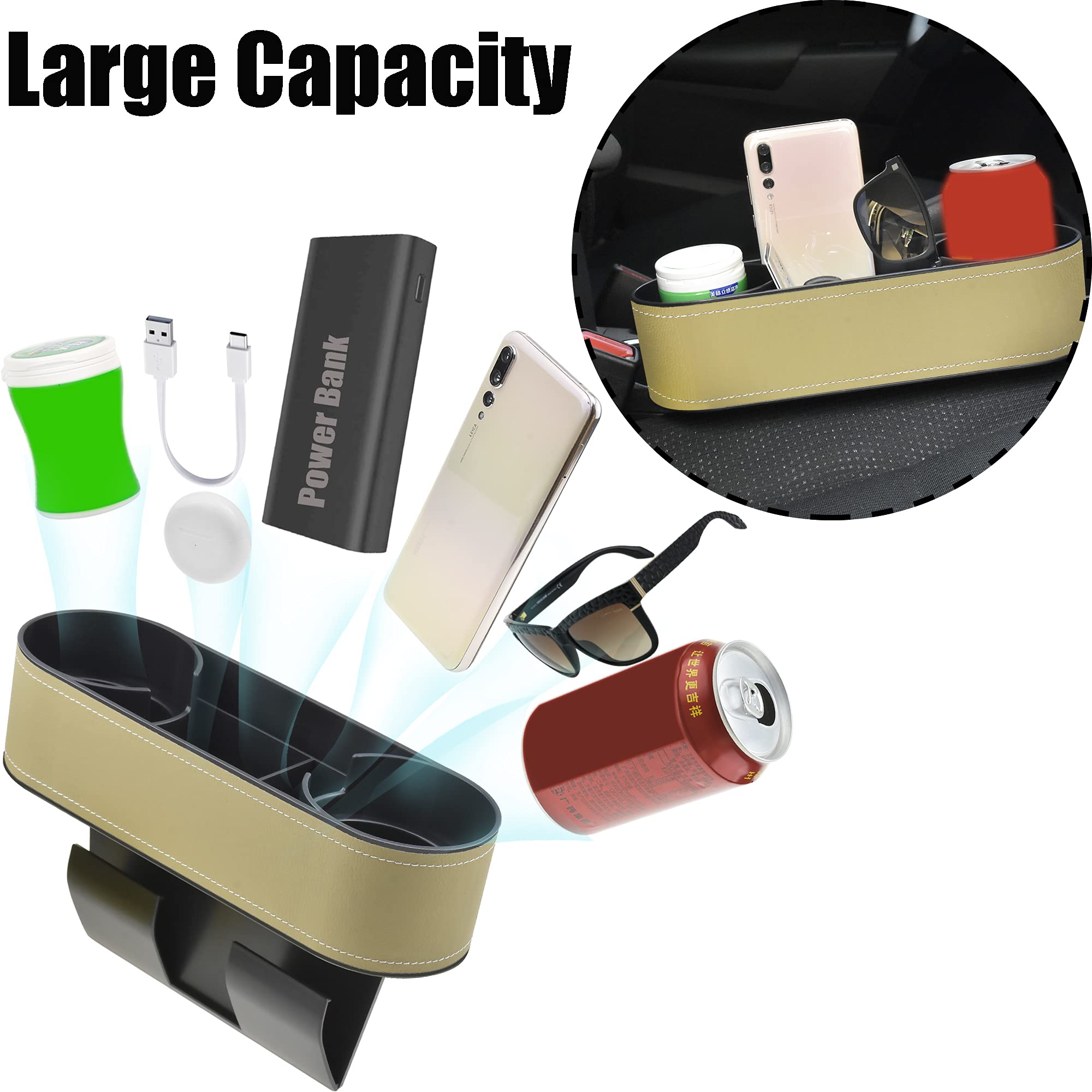 Iokone Car Cup Holder, Auto Front Seat Organizer, Multifunctional Cup Drink Holders With Pu Leather Cover, Gap Filler Storage Bo