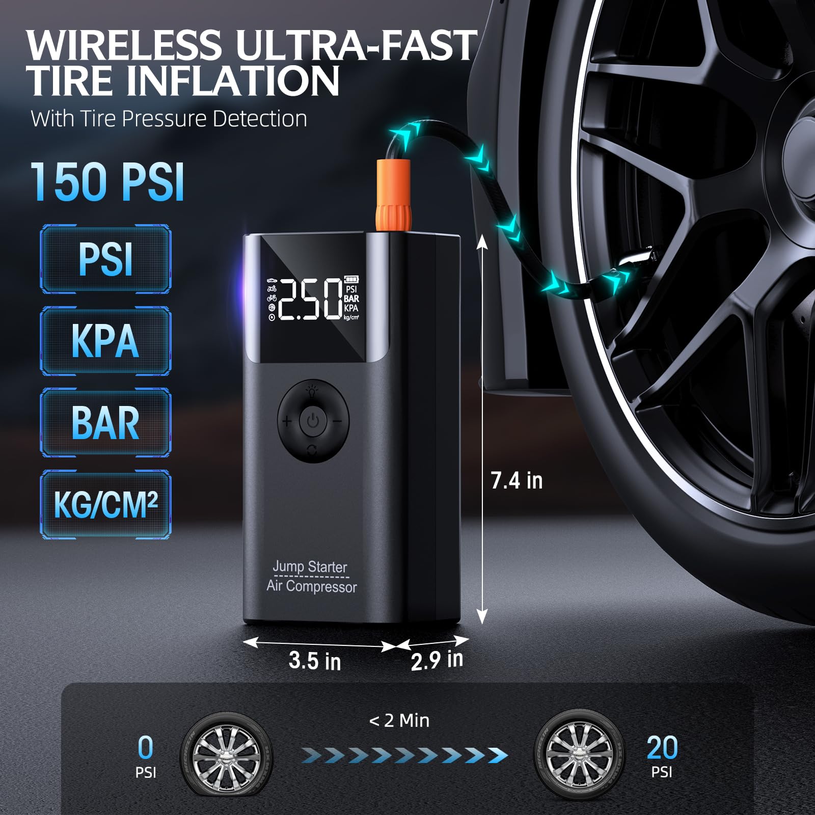 Jump Starter with Air Compressor, LERTIN 3500A 150PSI Portable Car Battery Jump Starter Pack, for Up to 9.0 Gas/8.0L Diesel Engi