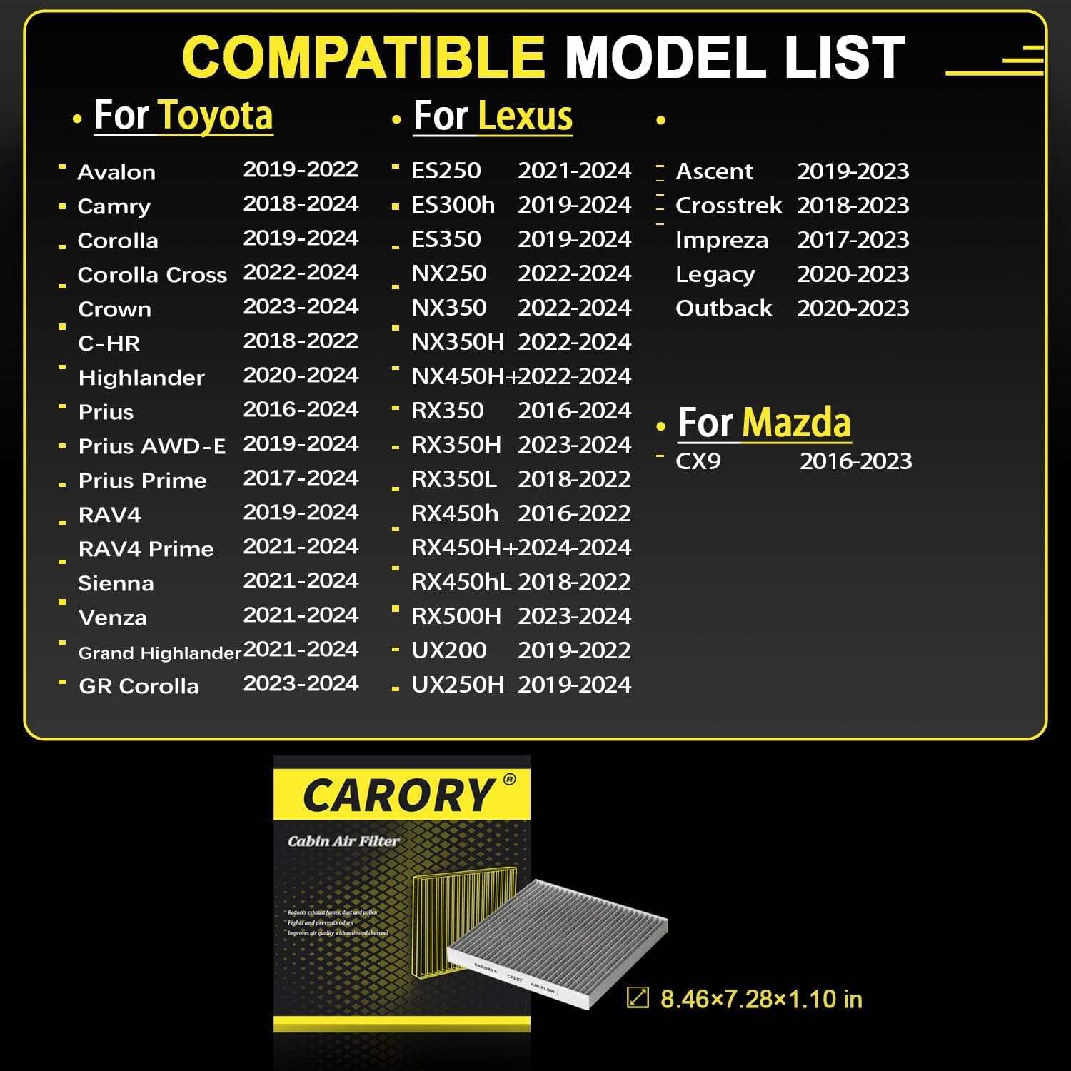 CARORY Cabin Air Filter w/Activated Carbon for Toyota Camry, Corolla, RAV4, Prius, Highlander, Sienna, Venza, Crown, Lexus ES350