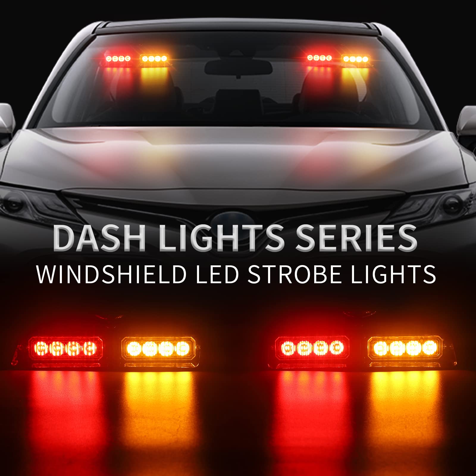Xridonsen 2 In 1 Dash Emergency Strobe Lights Interior Windshield Lights Red Amber Warning Safety Flash Law Enforcement W/Suction Cups For Volunteer Police Vehicles, Trucks (2×7.16 Inch, 16 Led)