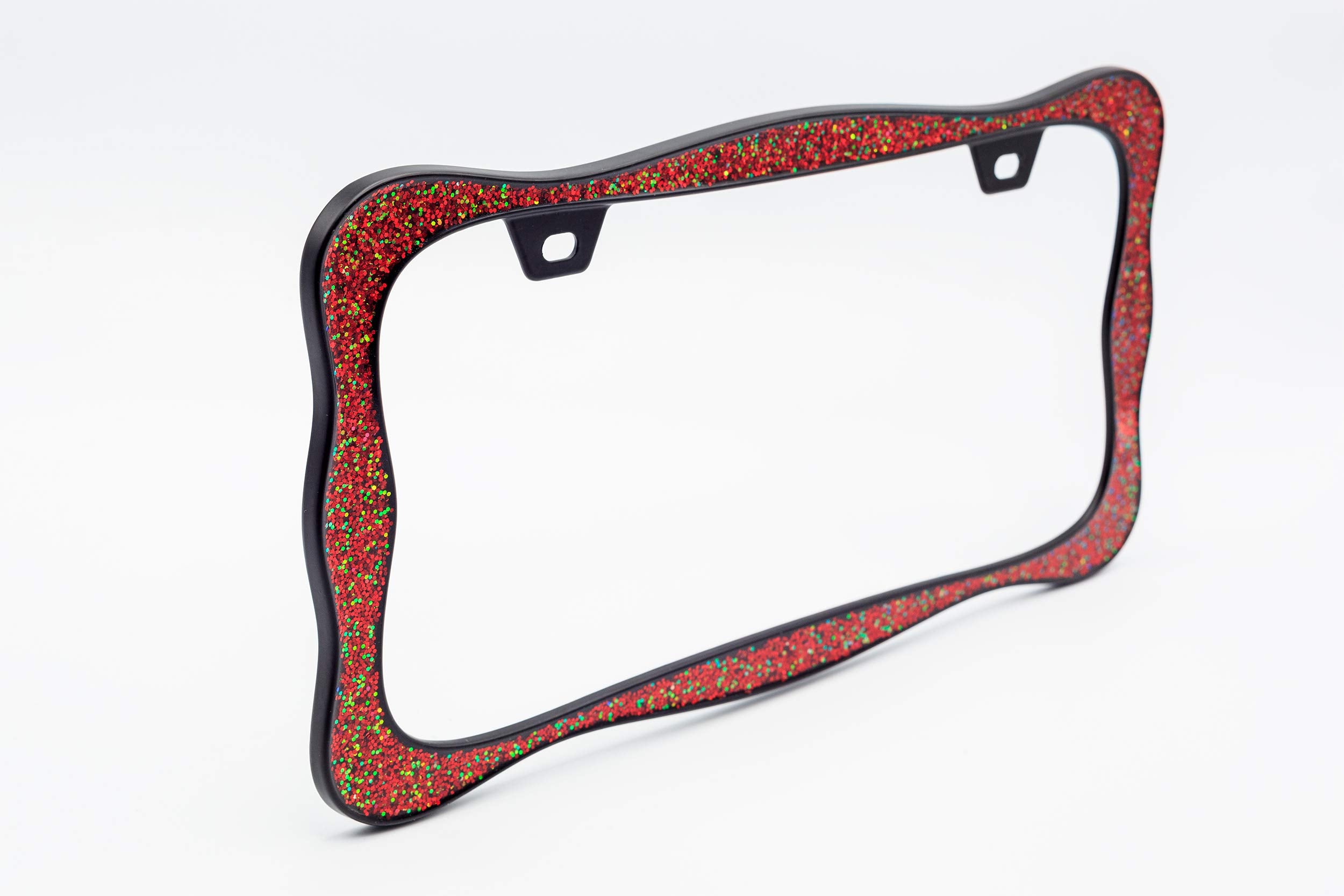 Creathome 3D Shining License Plate Frame, Black Powder Coated With Red Chunky Gliter, Pure Zinc Alloy Metal