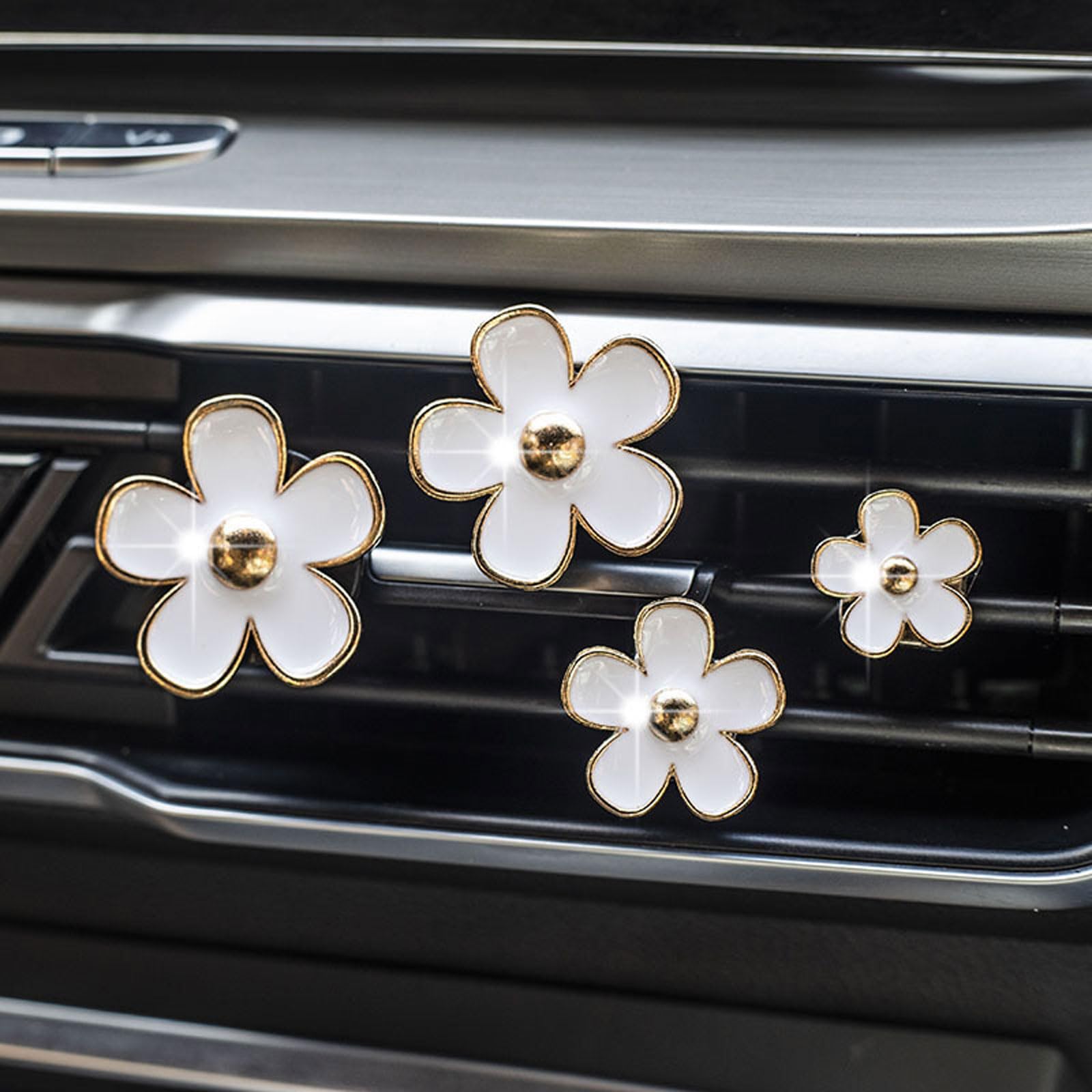 Daisy Car Decoration Flower Air Vent Clip Air Conditioning Outlet Clip (4PCS-White-No Scent)