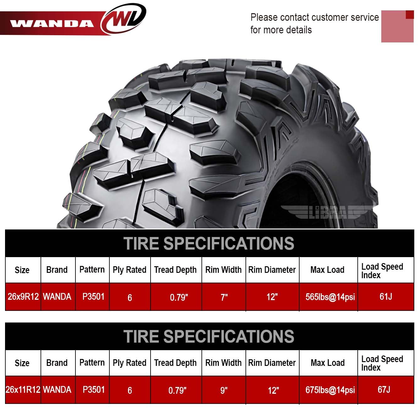 Wanda Set Of 4 Radial Atv/Utv Tires 26X9R12 Front & 26X11R12 Rear /6Pr P3501