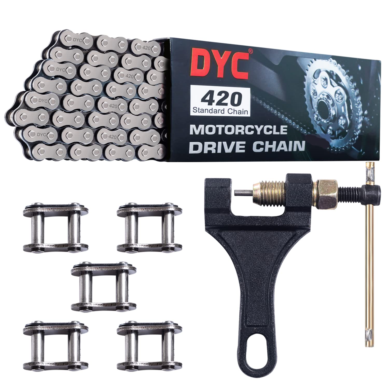 Dyctaho 420 Motorcycle Chain 132 Link Standard Roller Chain With Free Chain Breaker 5 Connecting Master Link For 100Cc 110Cc 125Cc Dirt Pit Bike Atv Quad Go Kart Mini Bike Scooter