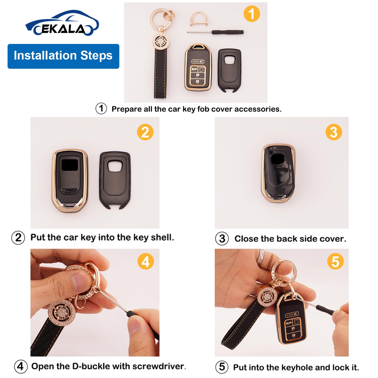 EKALA Leather Key Fob Cover - 5 Button Soft TPU Shells, Compatible with Accord, Civic, CRV, Odyssey, Pilot - Black Gold