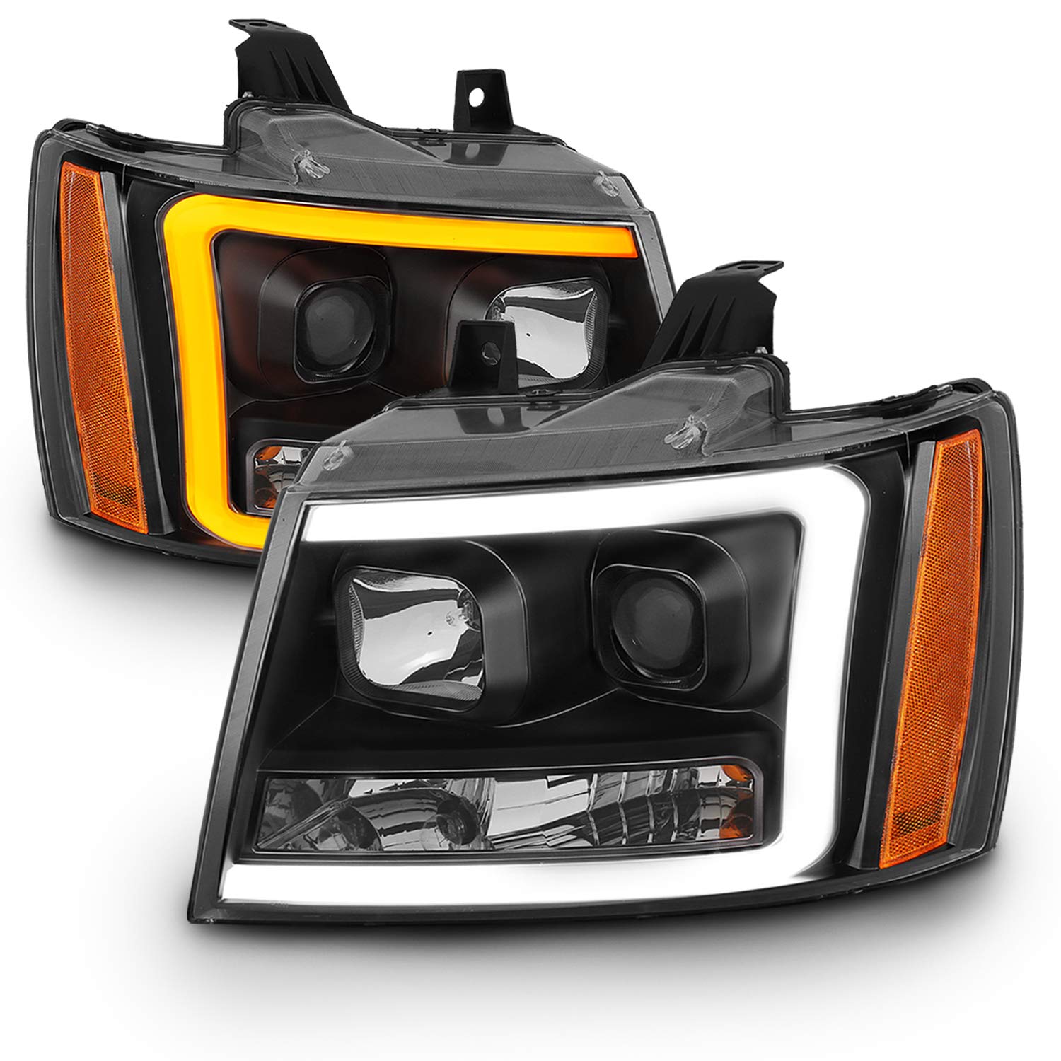 Amerilite For 2007-2013 Chevy Avalanche/Suburban/Tahoe Switchback Led Tube Turn Siganl Projector Black Replacement Headlights Pa