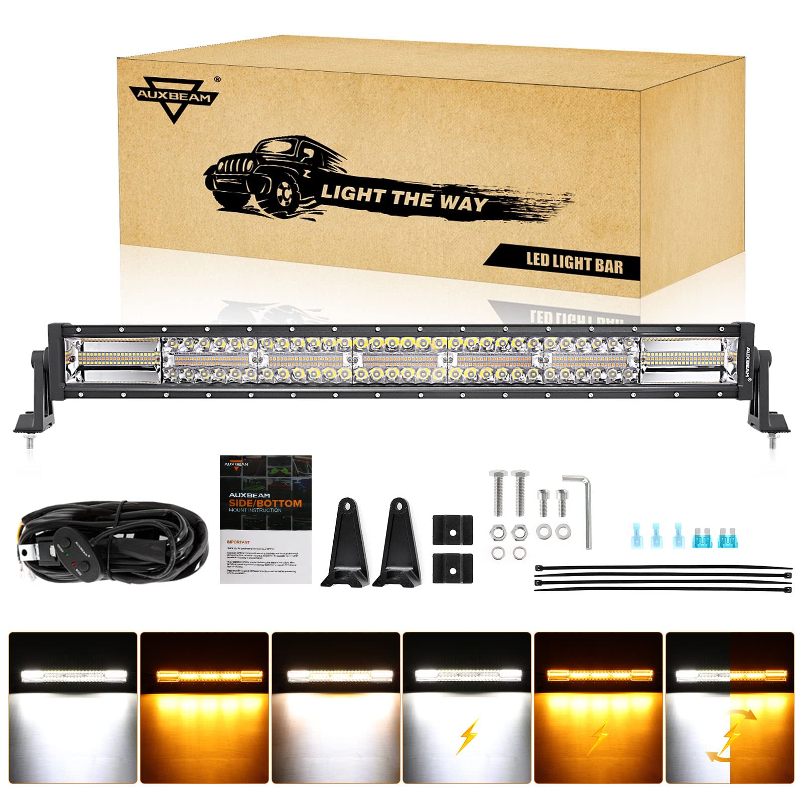 Auxbeam 30 Inch 180W Led Light Bar, 6 Modes Spot Flood Combo Offroad Lighting Amber White Strobe Fog Light, Memory Reset Functio