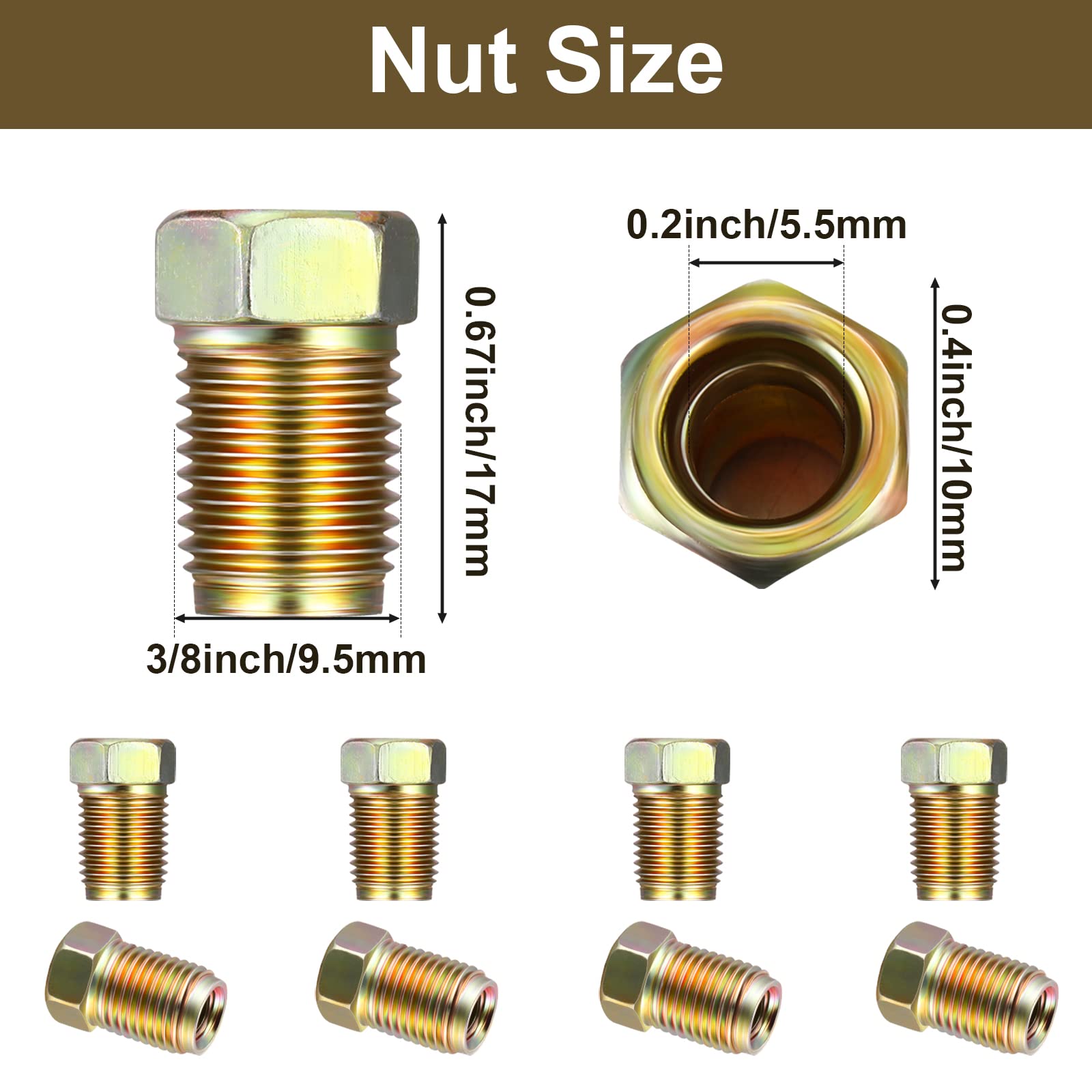 Frienda 18 Pieces 3/8 Inch-24 Threads Brake Line Fittings Assortment For 3/16 Inch Tube (6 Unions, 12 Nuts)