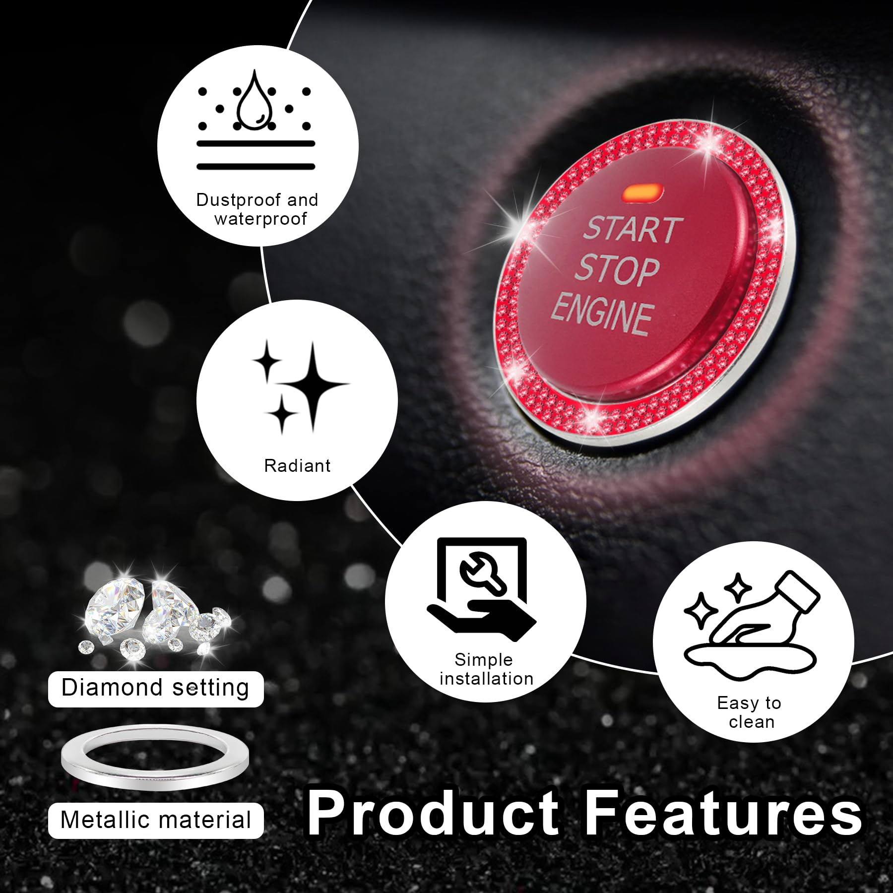 Livtee 2 Pcs Crystal Double Rhinestone Car Engine Start Stop Decoration Ring, Bling Car Interior Accessories For Women, Push To Start Button Cover/Sticker, Key Ignition & Knob Bling Ring, Red