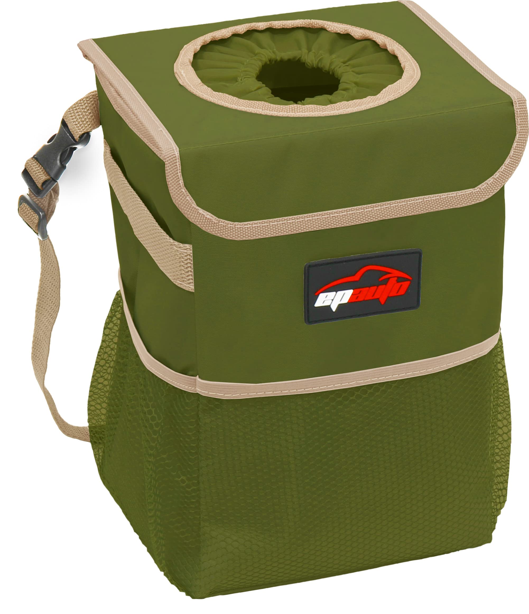 Epauto Waterproof Car Trash Can With Lid And Storage Pockets, Green