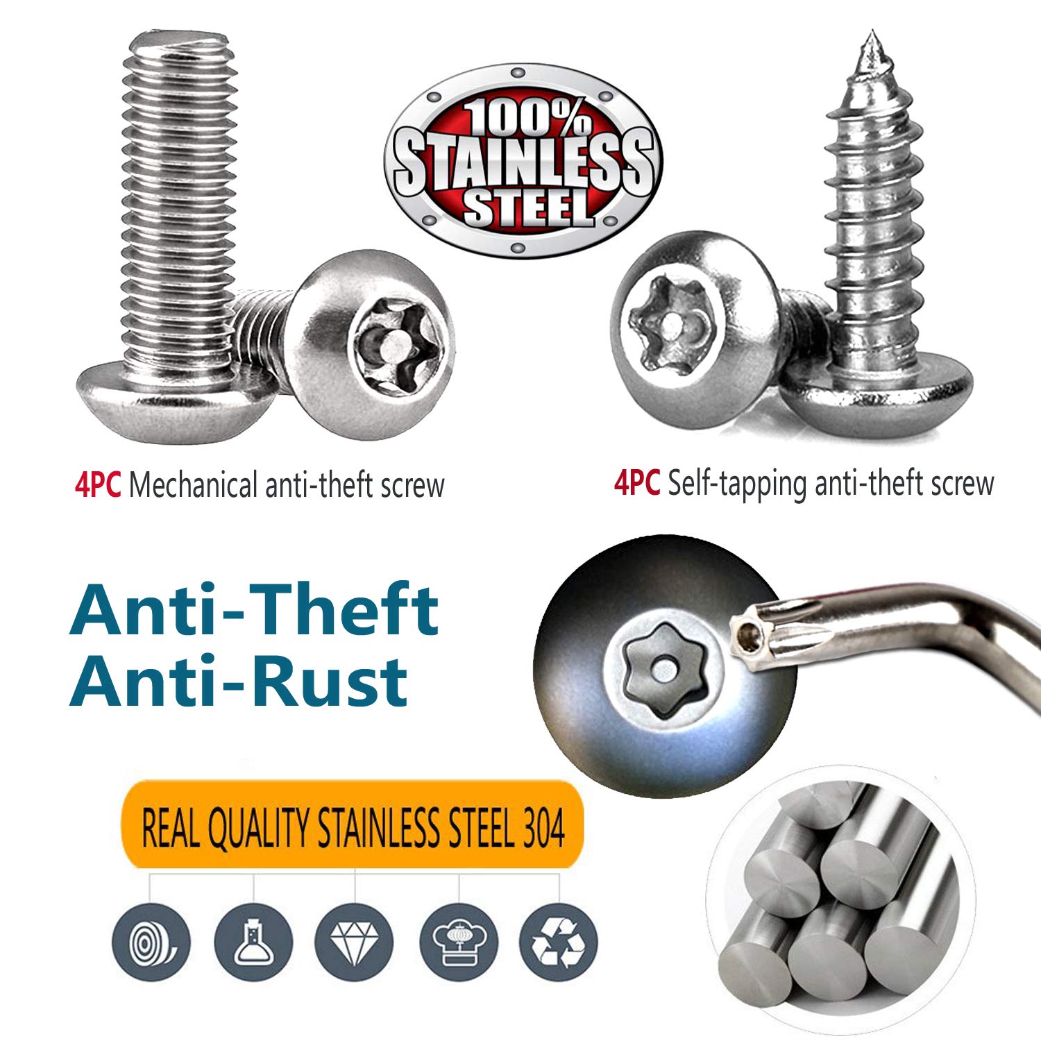 Aootf License Plate Screws- Anti Theft Car Plate Screws Bolts, Stainless Steel Security Fasteners Hardware For Front Rear Tag Pl