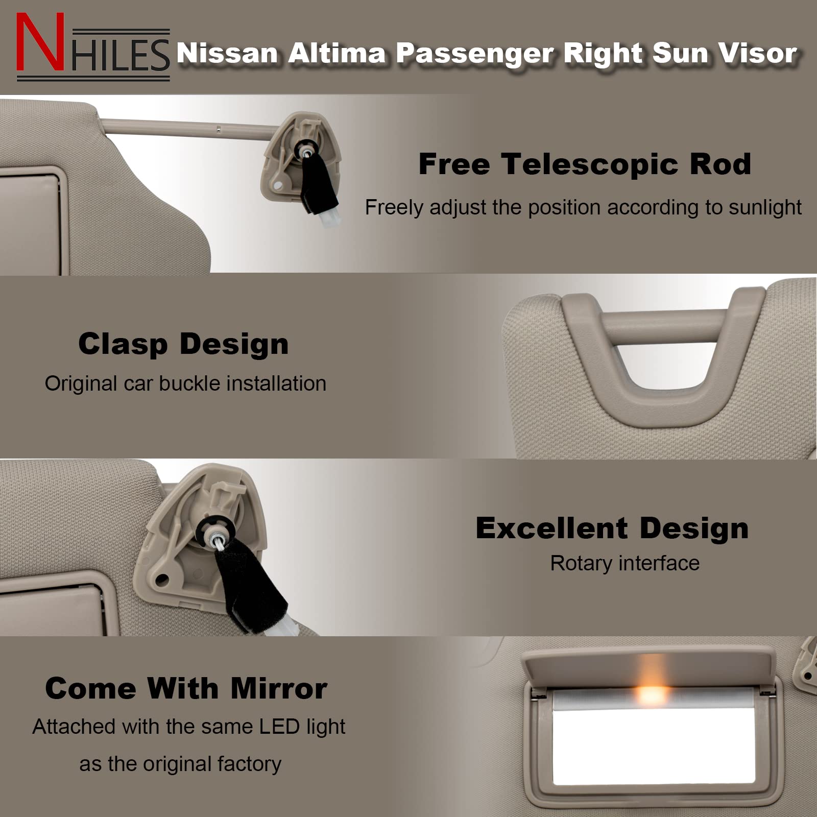 Nhiles Passenger Right Sun Visor Compatible With Nissan Altima 2013 2014 2015 2016 2017 2018 With Light, Without Sunroof 96400-3Ta2A Beige