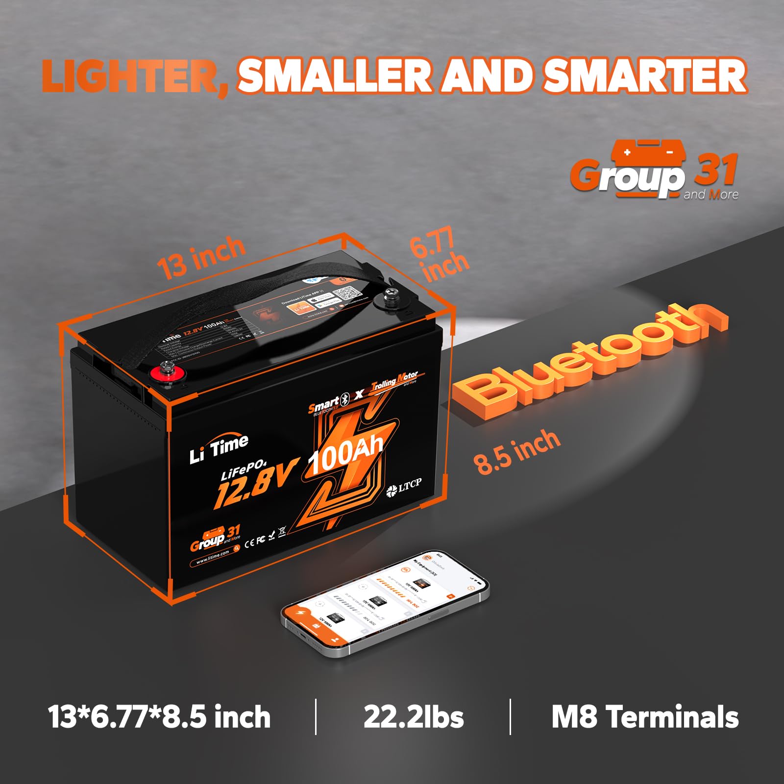Litime 12V 100Ah Tm Bluetooth Low-Temp Protection Lifepo4 Battery Buit In 100A Bms, Group 31 Lithium Iron Phosphate Battery Perf