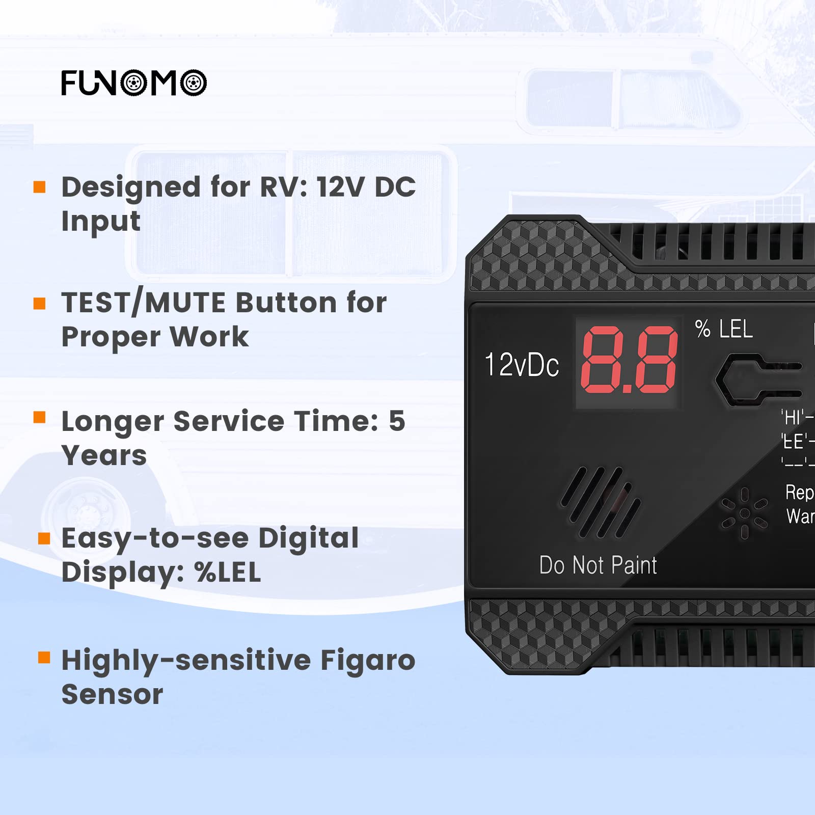 Funomo Rv Propane Gas Detector, 85Db Loud Alarm Dc 12V, Mini Compact Design Rv Propane Alarm For Trailer, Camper, Motorhome, Motorcoach (Black)