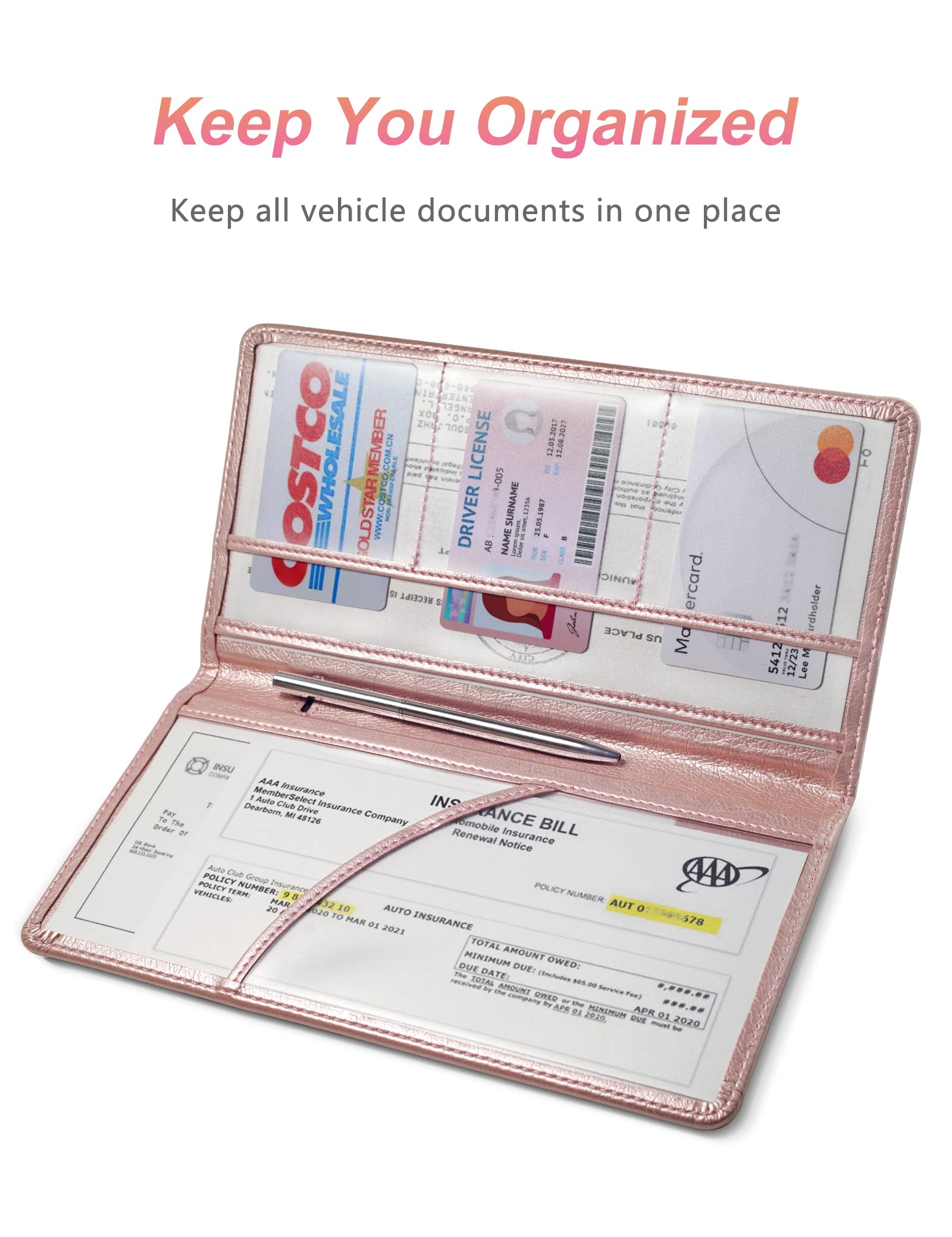 Yarnic Car Registration And Insurance Holder, Car Document Holder With Magnetic Closure, Car Accessories Wallet For Driver License, Cards And Other Essential Documents (Rose Gold)