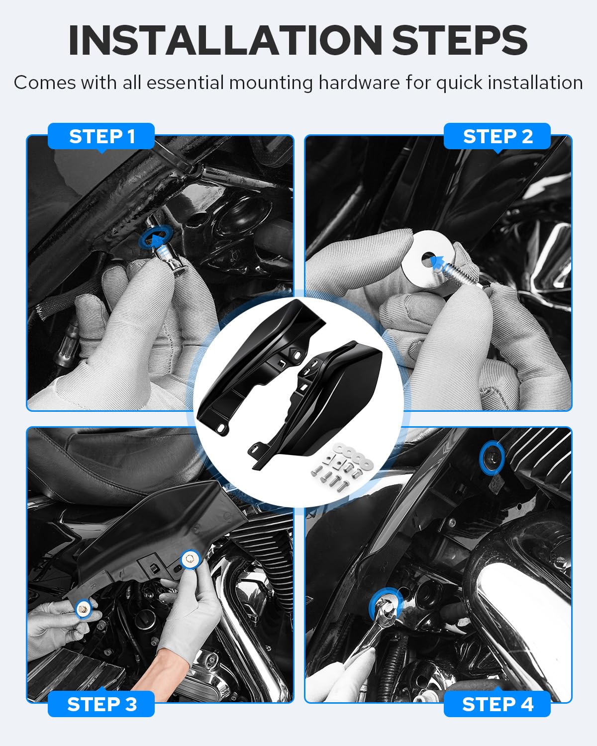 Benlari Gloss Black Mid Frame Air Deflectors Heat Shields Deflector 2009-2024 Compatible For Harley Davidson Touring Street Glide Road Glide Electra Glide Road King Ultra Limited Tri Glide Cvo