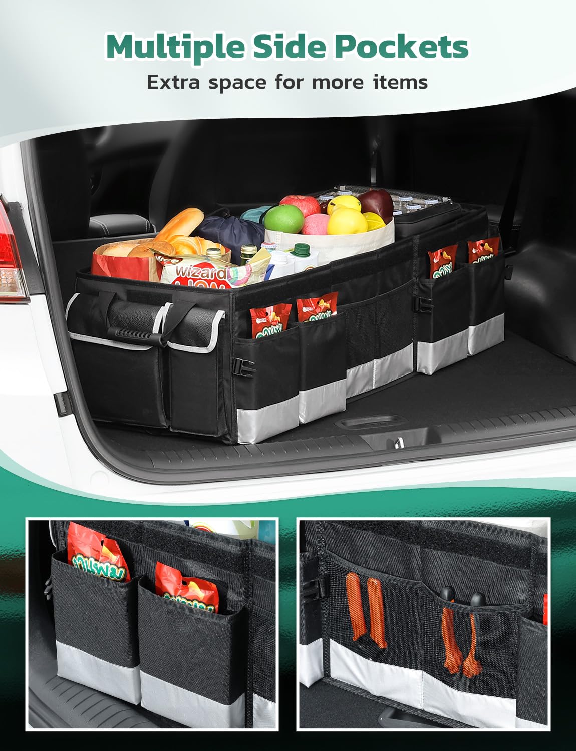 Oasser Trunk Organizer With Cooler Bag, Large Collapsible Car Trunk Organizer For Suv With Multi Compartments, Car Storage Groce