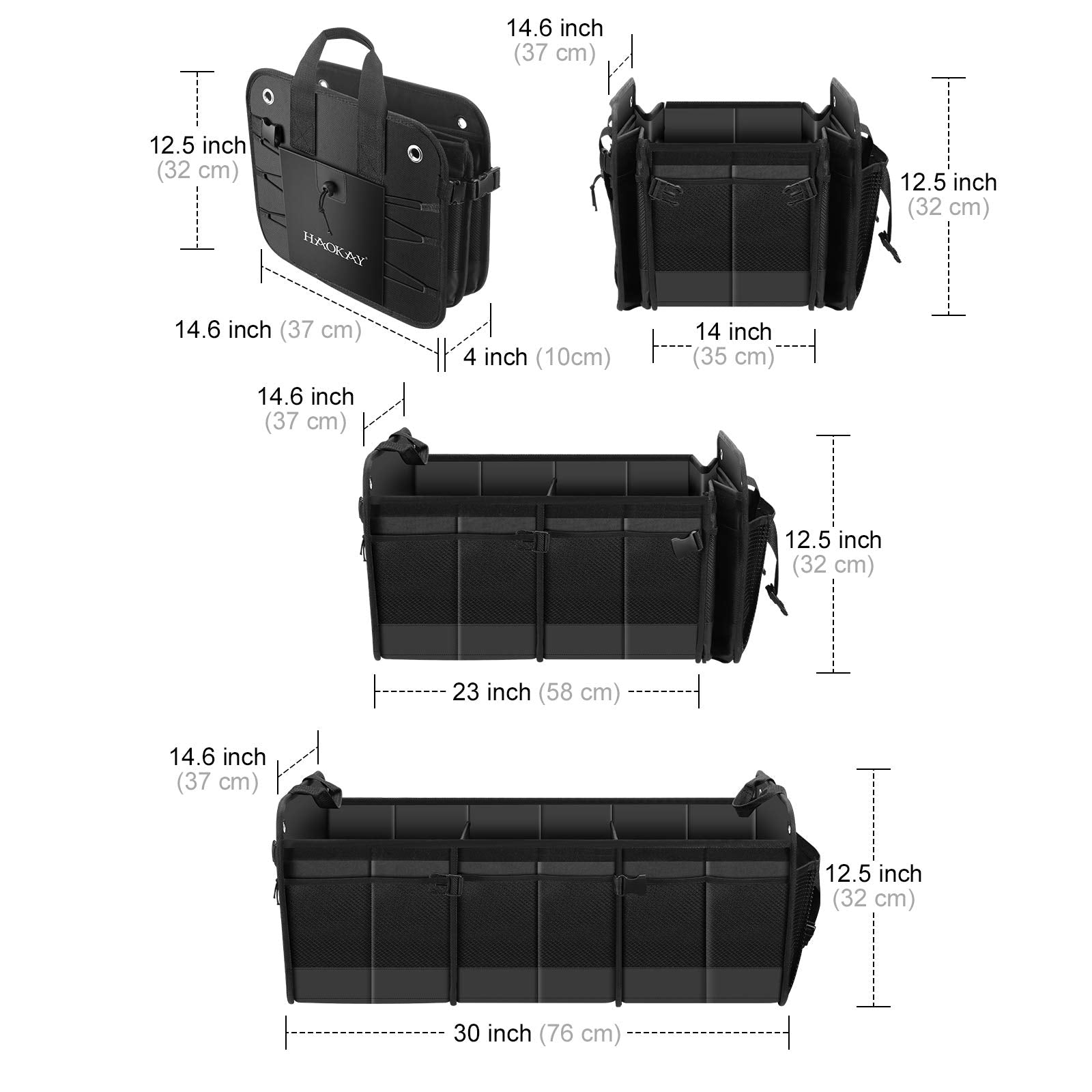 Haokay Car Trunk Organizer With Lid,Heavy Duty Extra Large Premium Black Oxford Multi Compartments Collapsible Trunk Organizer F