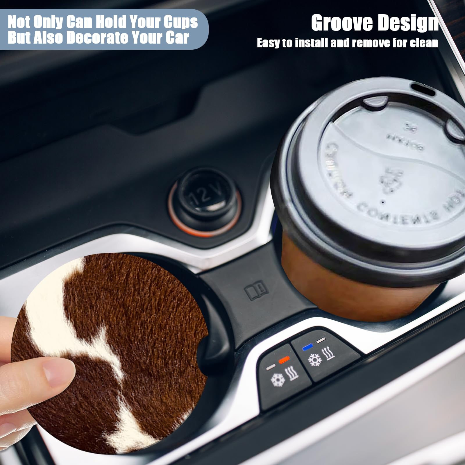 Car Cup Holder Coaster -Cow Hide Brown Absorbent Ceramic Coaster, Car Coasters for Cup Holders, Auto Accessories for Women & Men