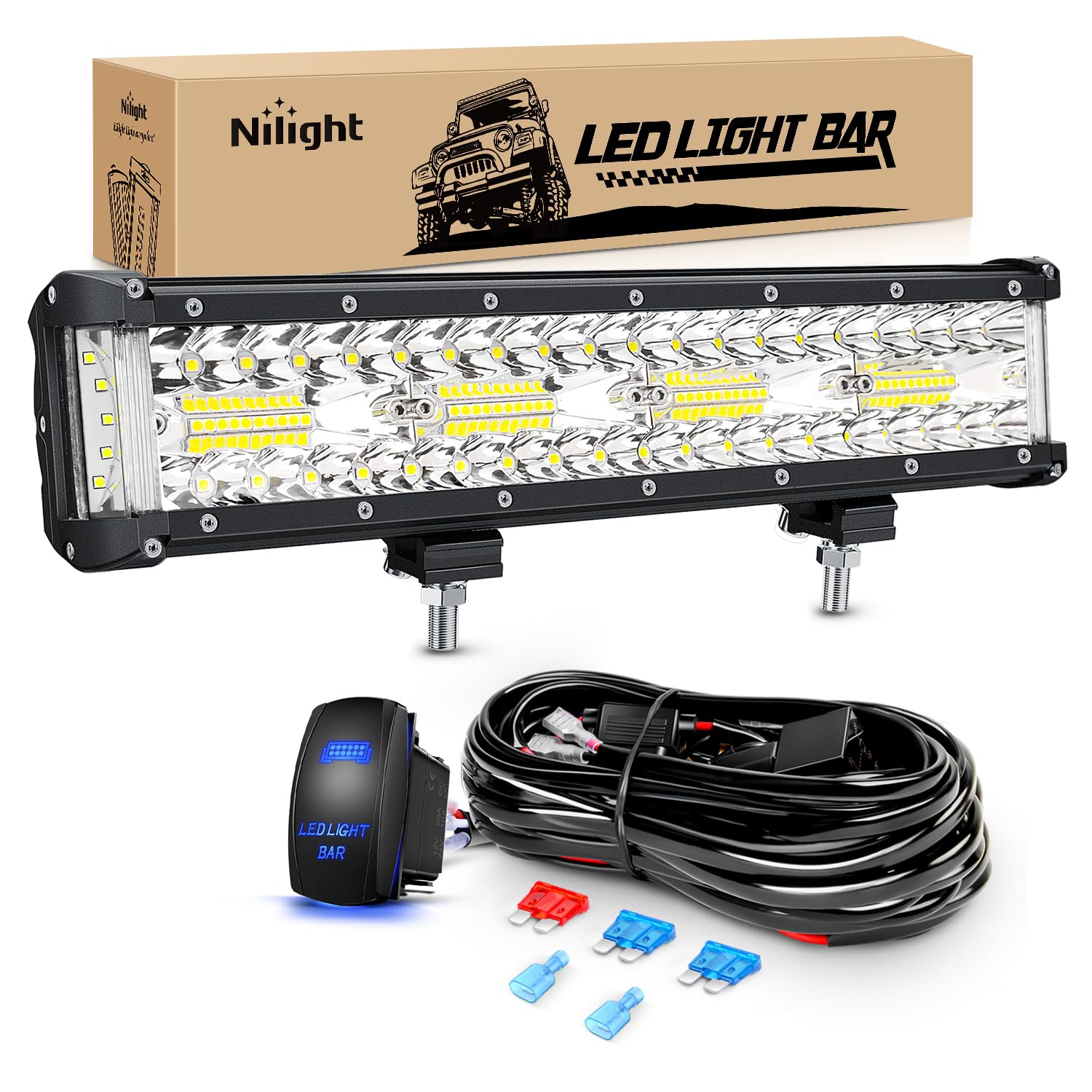 Nilight Side Shooter Led Light Bar 12Inch Triple Row Spot Flood Combo Lights Work Lighting With 5Pin Rocker Switch Wiring Harnes