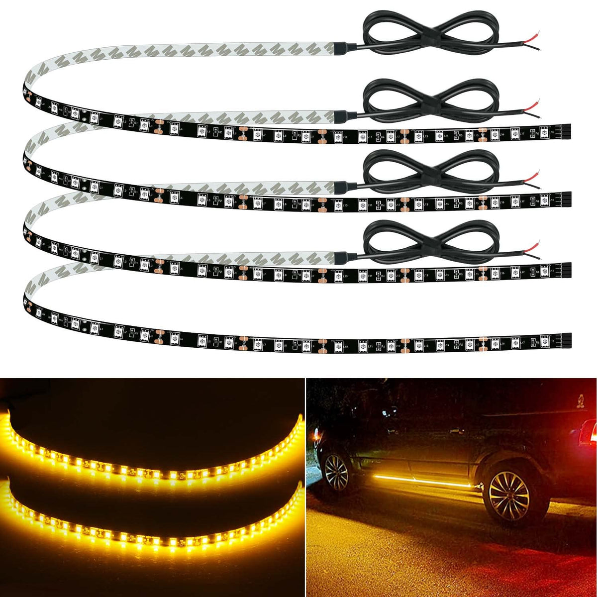 Car Led Strip Lights 24' Connectable Amber Led Light Strips For Cars Interior Lights Boat Marine Golf Cart Trucks Waterproof Yellow Led Strip 12V, 4Pack