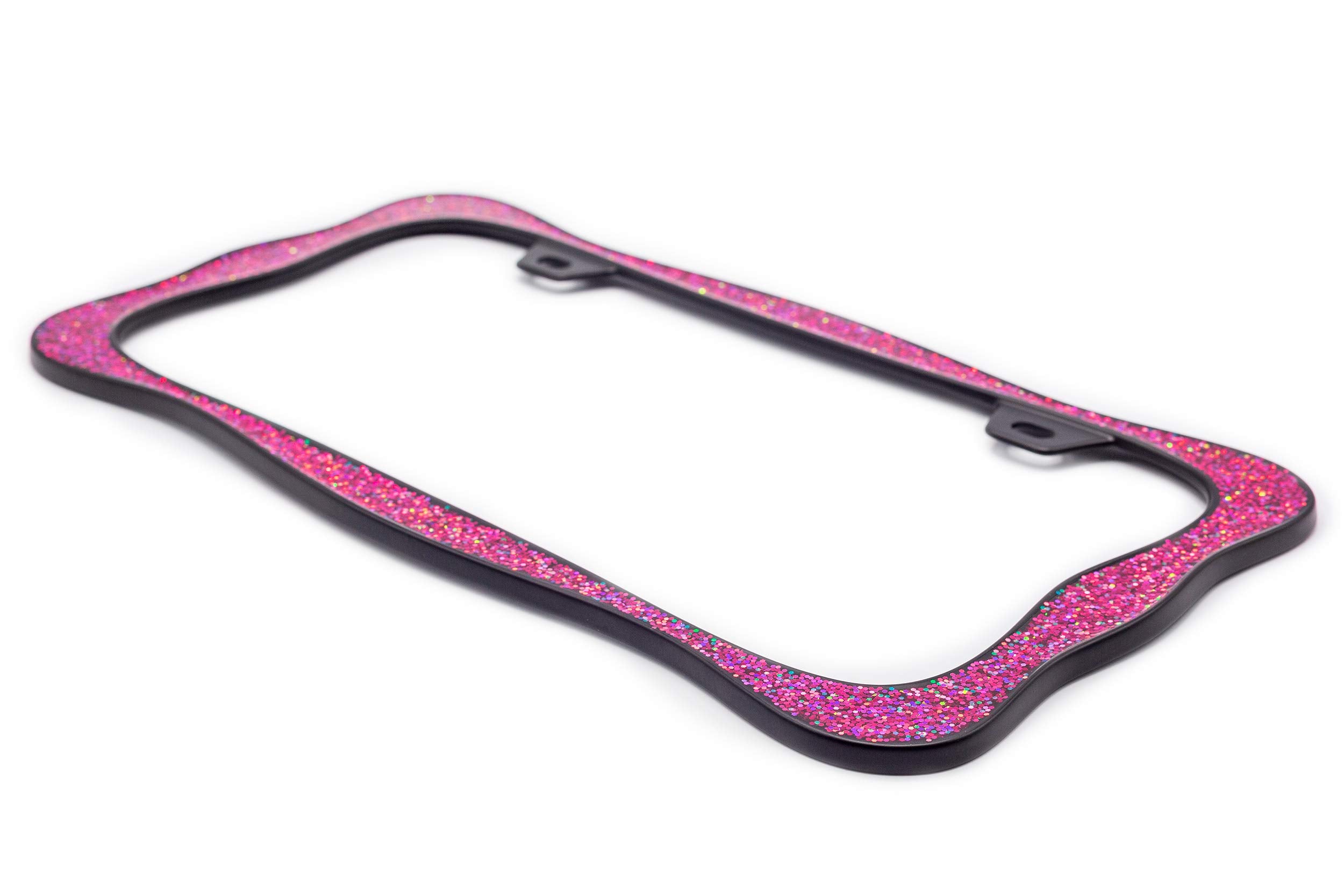 Creathome 3D Shining License Plate Frame, Black Powder Coated With Pink Chunky Gliter, Pure Zinc Alloy Metal