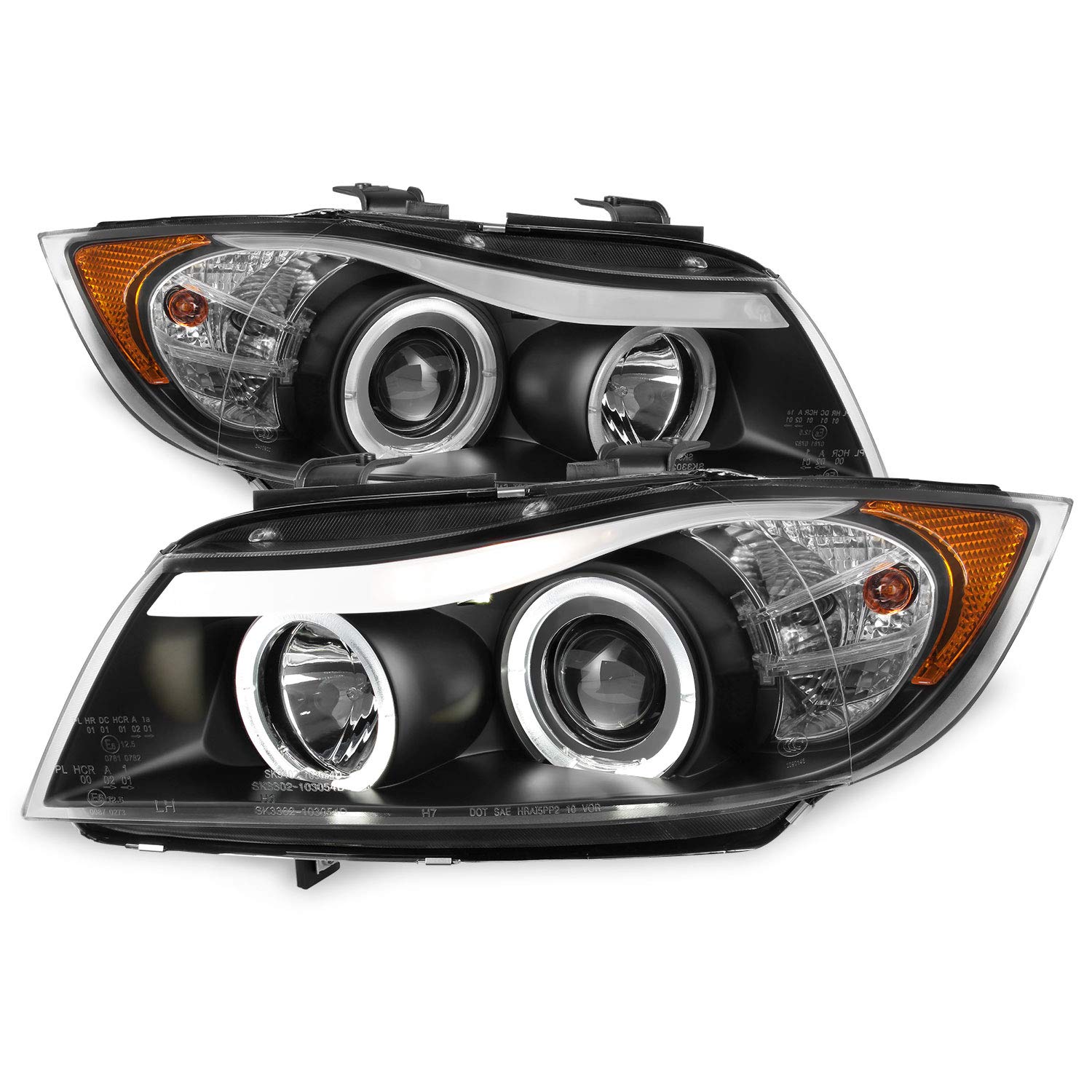Akkon - For 06-08 Bmw E90 3-Series 4 Doors Sedan Black Bezel Halogen Type [Led Halo] Ring Eye Lid Projector Headlights