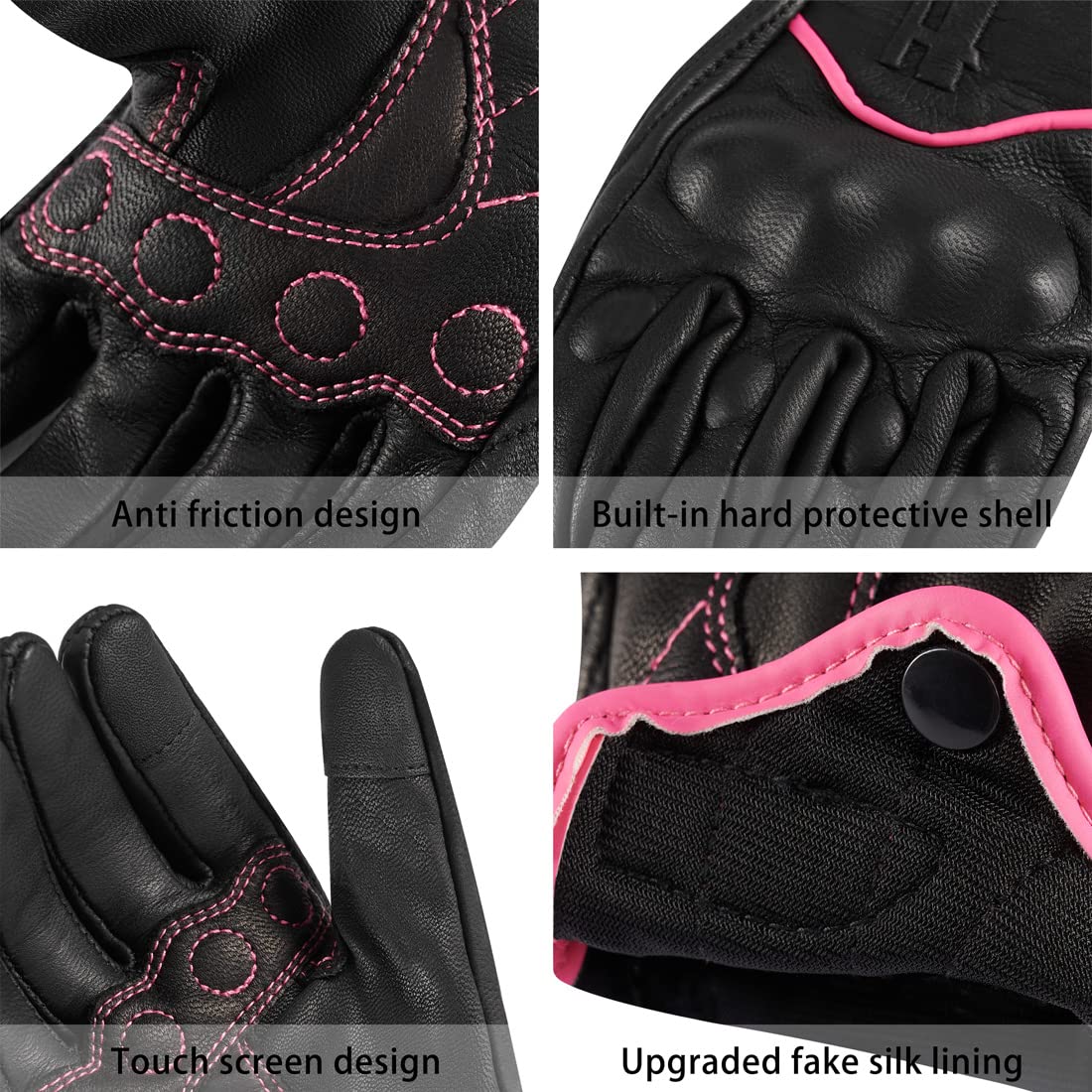 Harssidanzar Womens Full Finger Goatskin Leather Touchscreen Motorcycle Gloves Gl016,Pinkblack,Size M