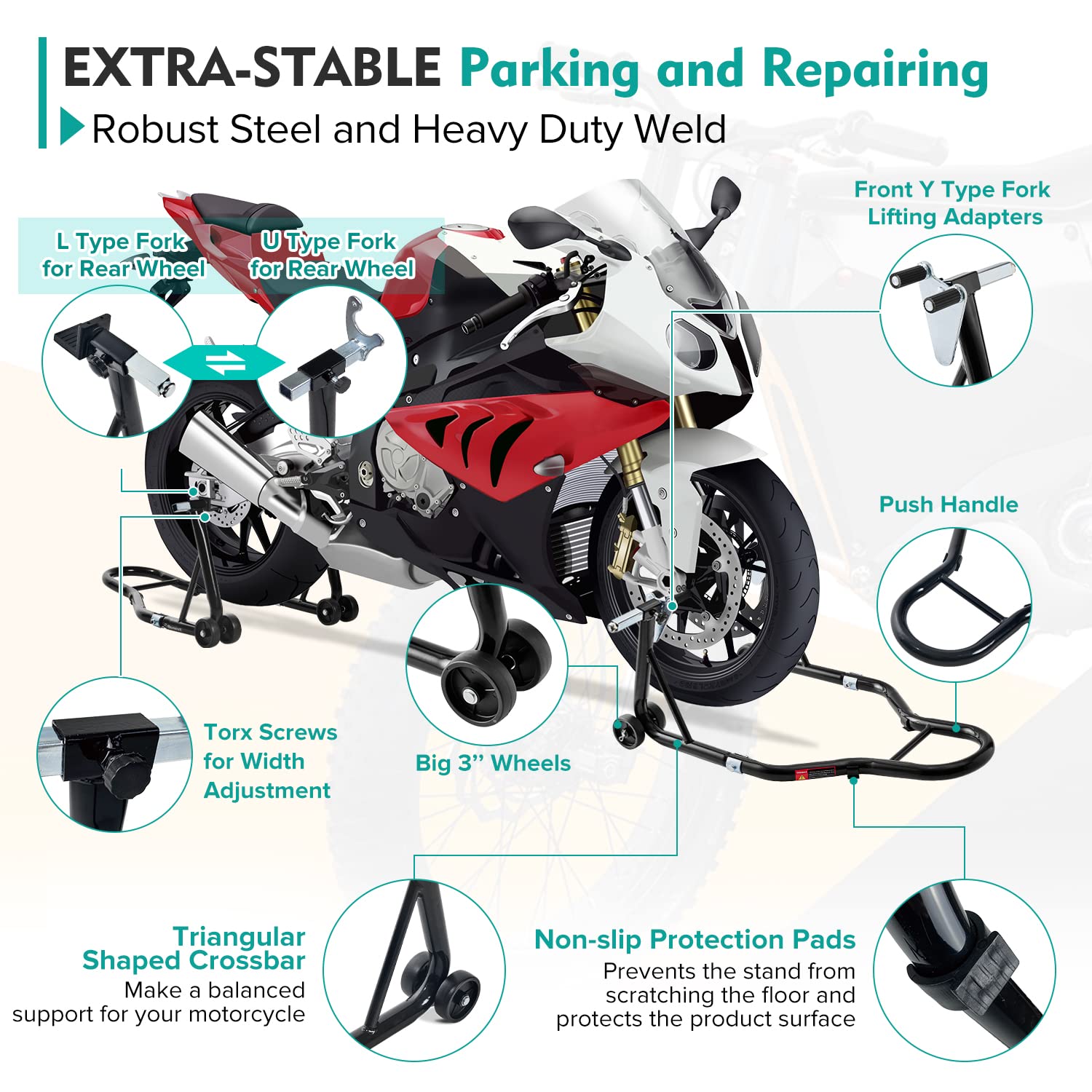 Donext Motorcycle Stand 850Lb Sport Bike Front And Rear Wheel Lift Swingarm Paddock Stands Black, U+L