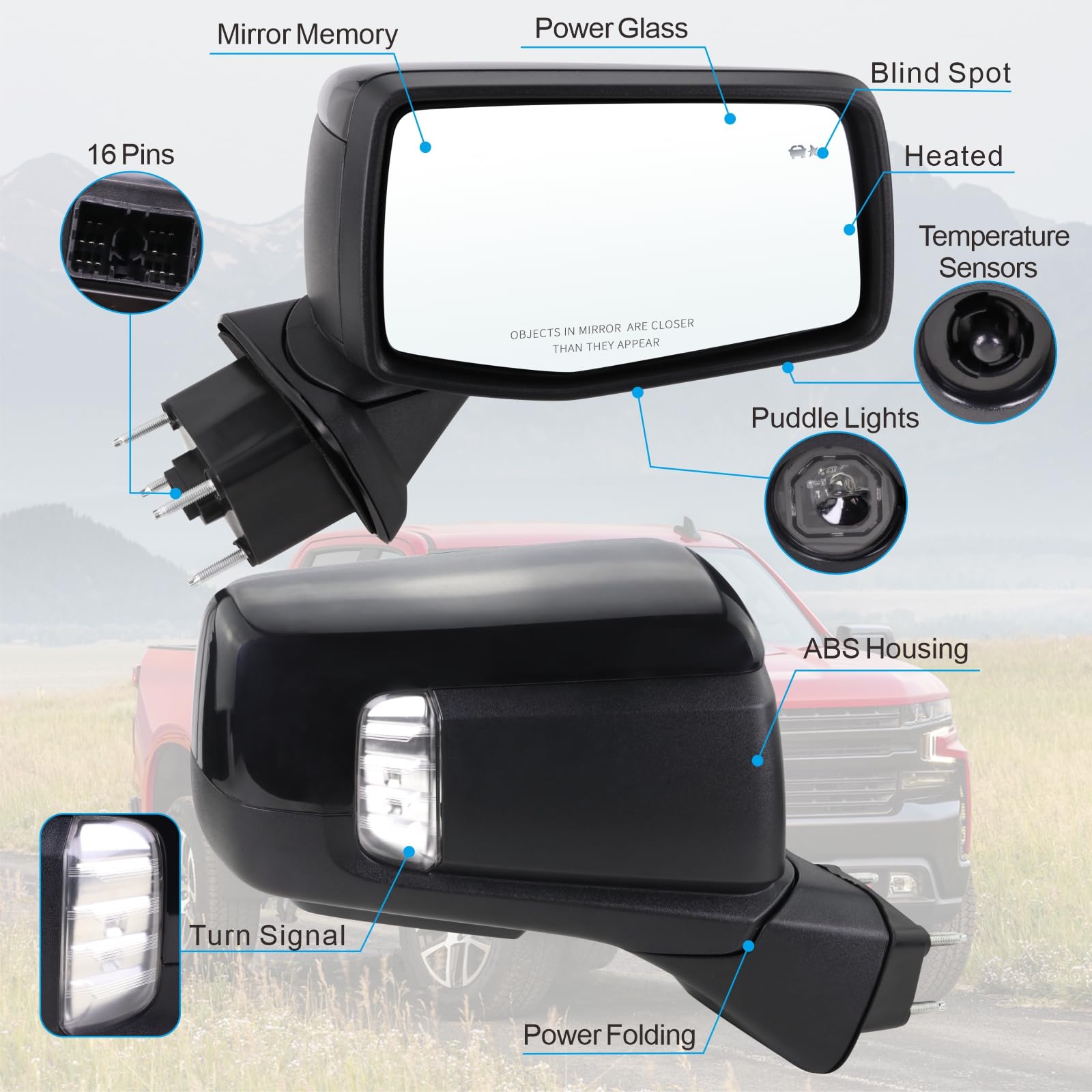 Lqito Right Passenger Side Mirror Compatible With 2019-2025 Chevy Silverado 1500 With Power Folding Heated Turn Signal Puddle Li