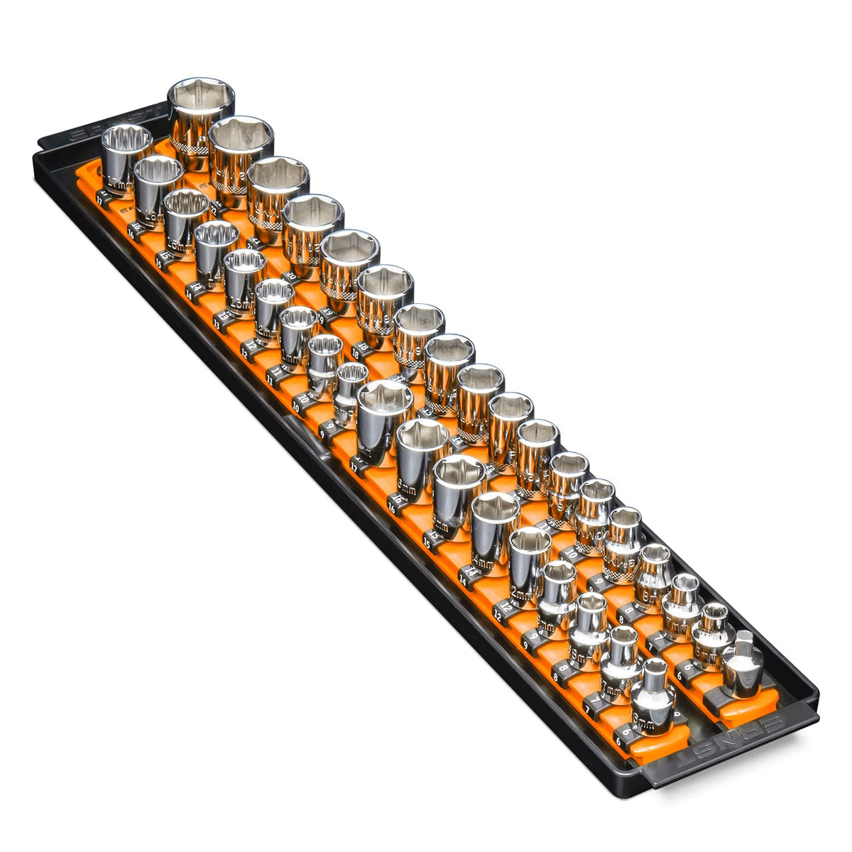 Ernst Manufacturing 8486 Socket Boss, Premium 2-Rail, 3/8 Inch-Drive Socket Organizer, 18-Inch, Orange