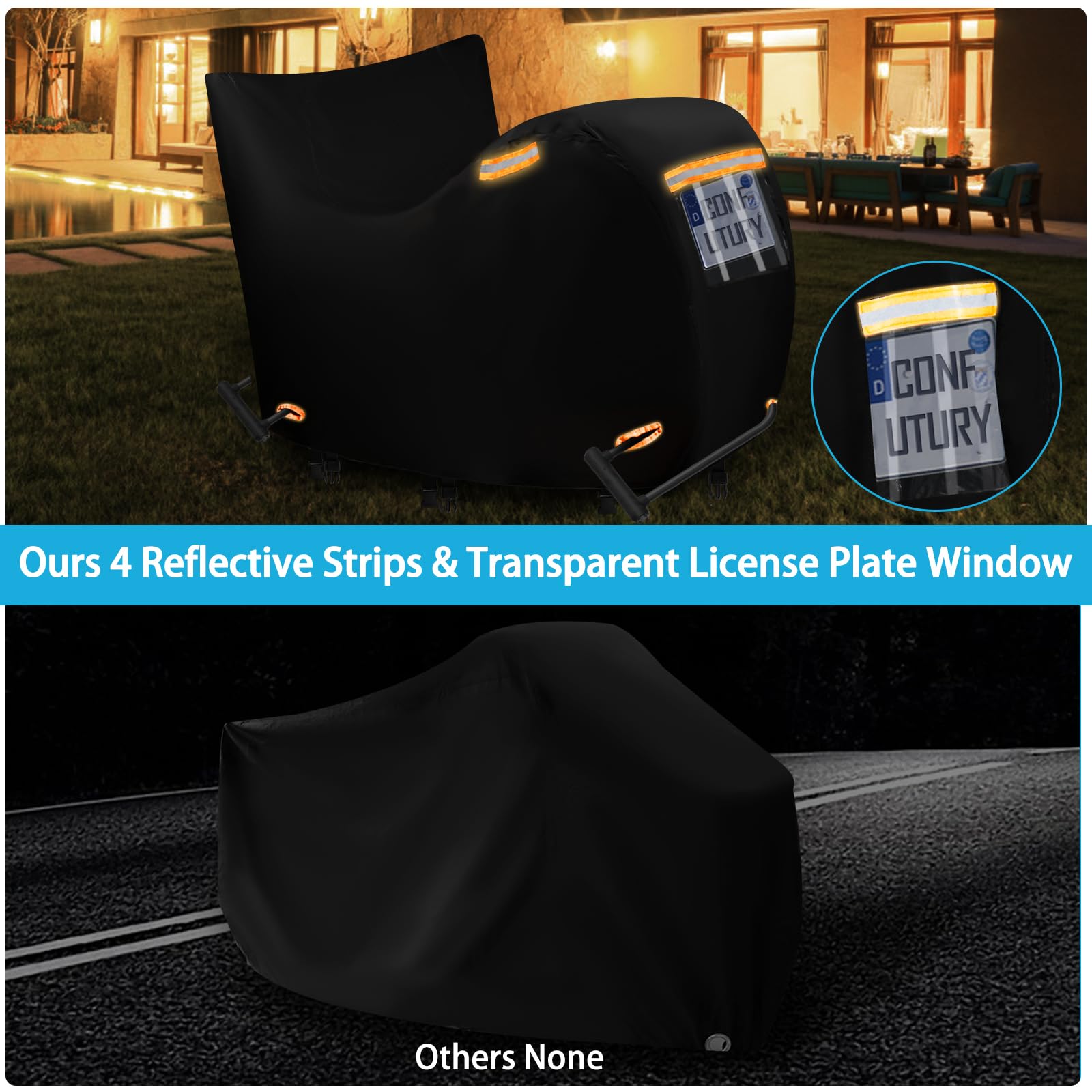 Motorcycle Covers Waterproof Outdoor Storage,600D Nano Oxford Fabric with License Plate Window,4 Reflective Strips,2 Locking Hol