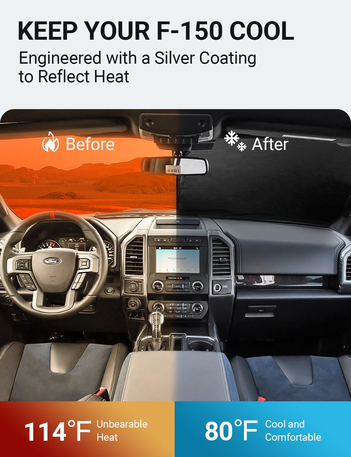 Proadsy Foldable Sunshade Protector for 2015-2020 Ford F-150 Lariat, King Ranch, Platinum, XL XLT, Limited, Raptor - Silver & Black