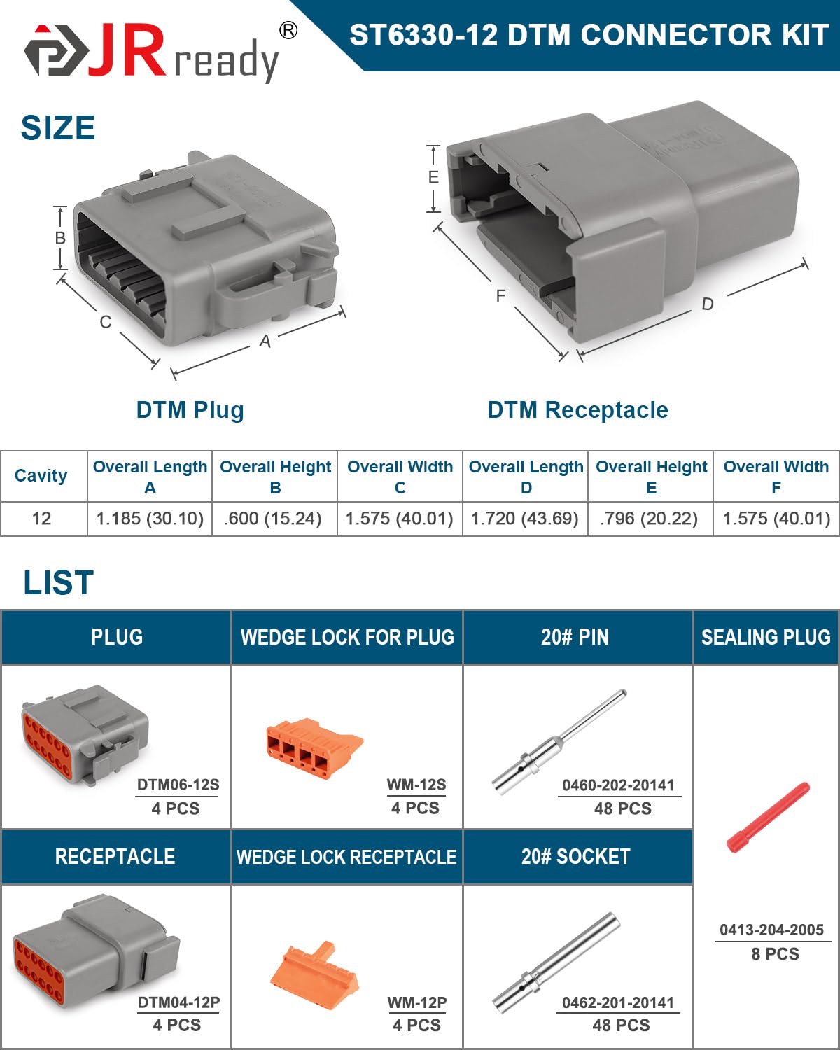 JRready Deutsch DTM Connector 12 Pin 4 Kits, ST6330-12 DTM Connector Kit with Size 20 Solid Contacts 20-22AWG, Waterproof Automo