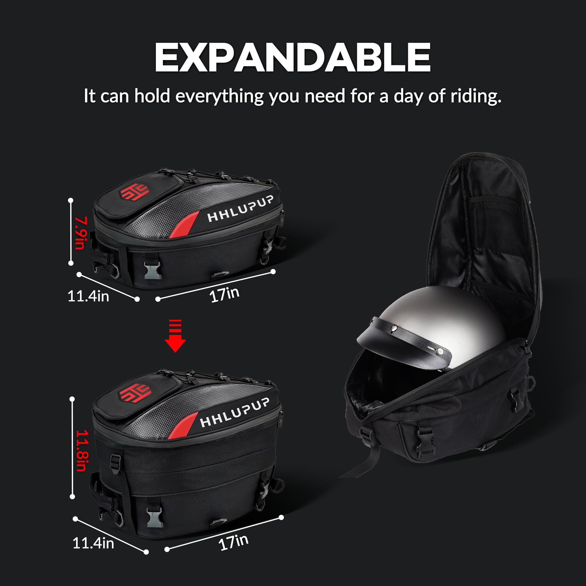 Hhlupup Motorcycle Tail Bag Seat Helmet - 38L Motorcycle Backpack Waterproof Luggage Bags (Red)