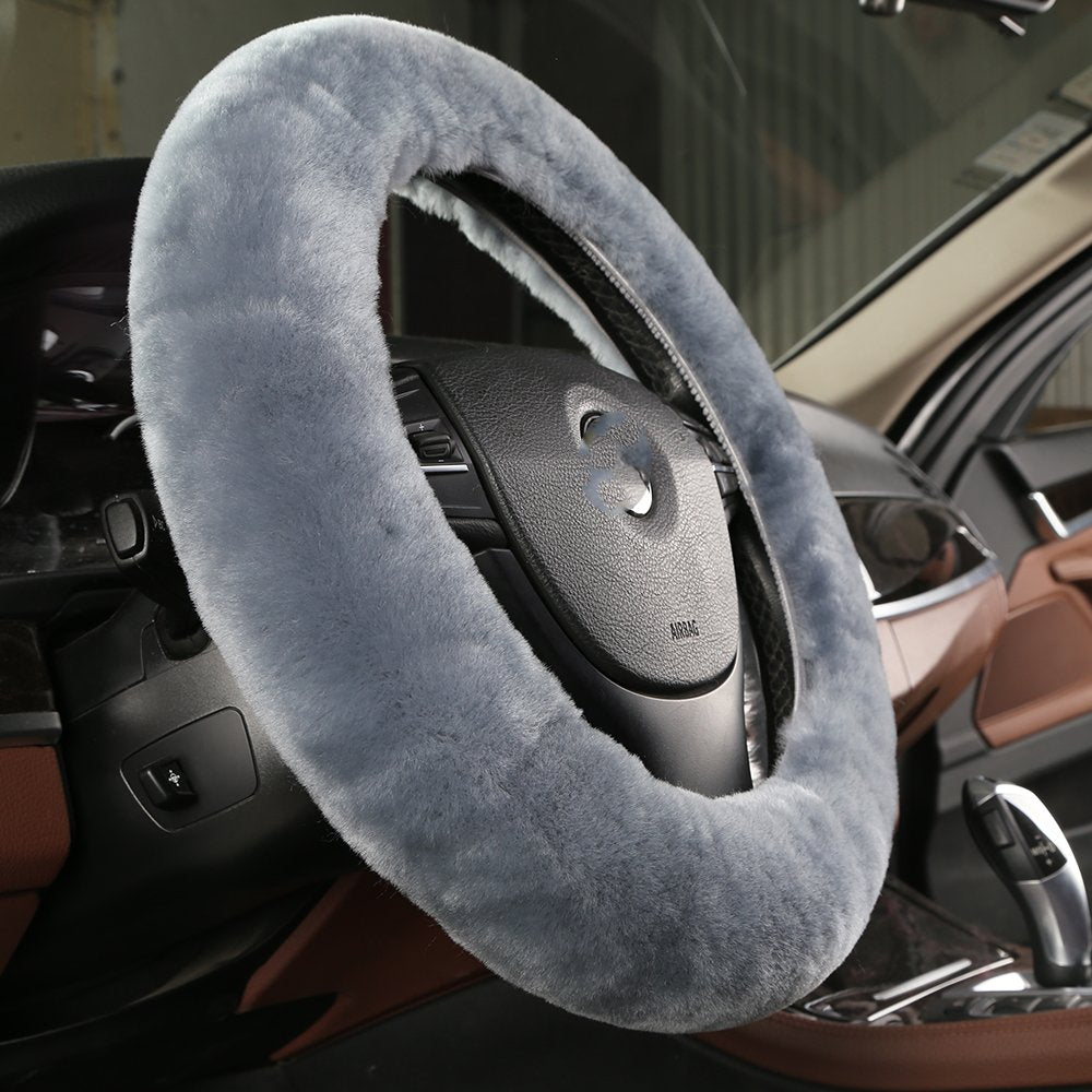 Fuzzy Wool Sheepskin Car Steering Wheel Cover For Girls Women Men,Fluffy Soft Protector For Universal Steering Wheel 14 1/2-15 1