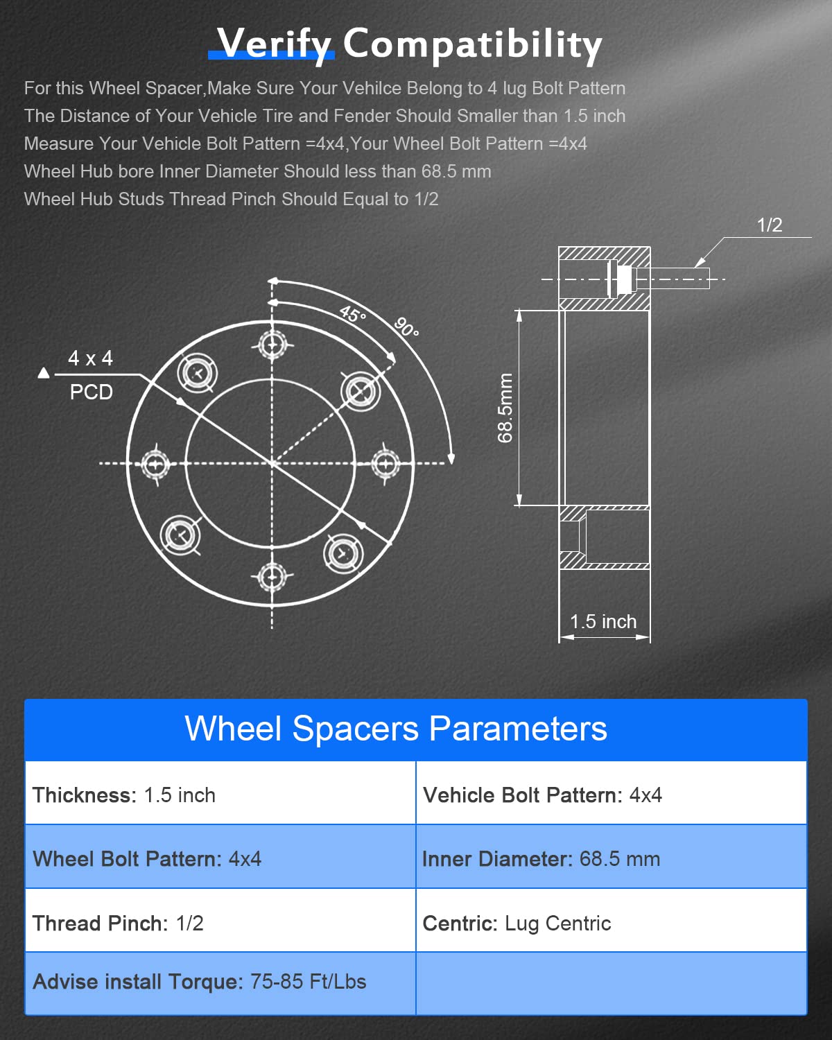 ECCPP 2X 1.5 inch 4x101.6mm 4x4 to 4x4 Wheel Spacers 4 Lug 68.5mm 1/2'' Studs fits for EZ GO EZGO Club Car for Golf Cart SmartPa