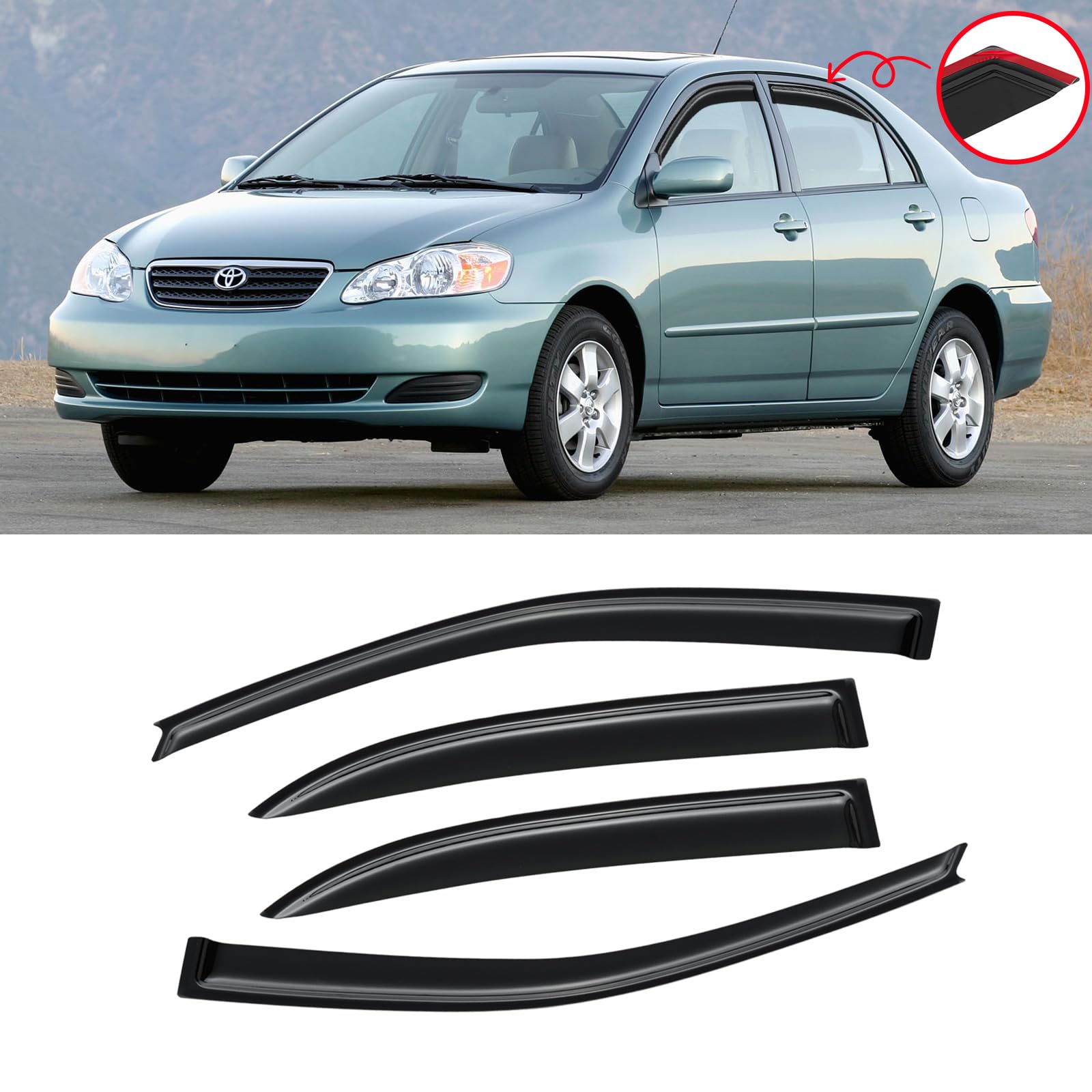 Cmvt Auto Window Visors For 2003-2008 Toyota Corolla, Rain Guards Shields Vent Shade Deflector Dark Smoke 2004 2005 2006 2007, T