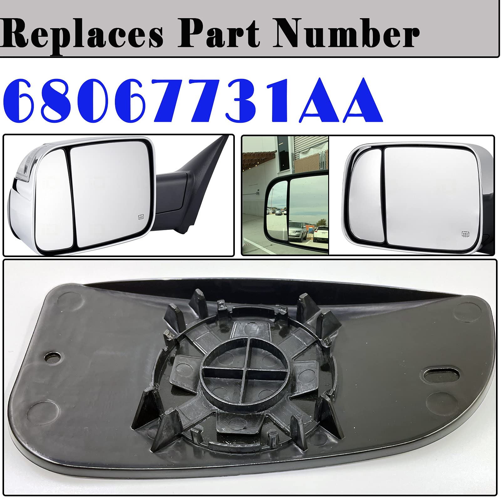 68067731Aa Ram Driver Side Lower Mirror Glass Compatible With 2009-2020 Dodge Ram 1500 2500 3500 4500 5500 Towing Mirror Ram Left Pass Convex Lower Mirror Glass With Rear Mounting Bracket