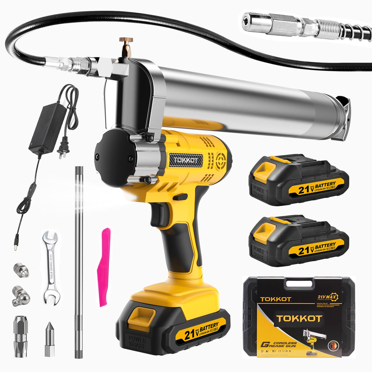 TOKKOT Electric Grease Gun-10,000 PSI Cordless Grease Gun Kit with 2 Batteries,21    Flexible Hose, Variable Speed Trigger & LED