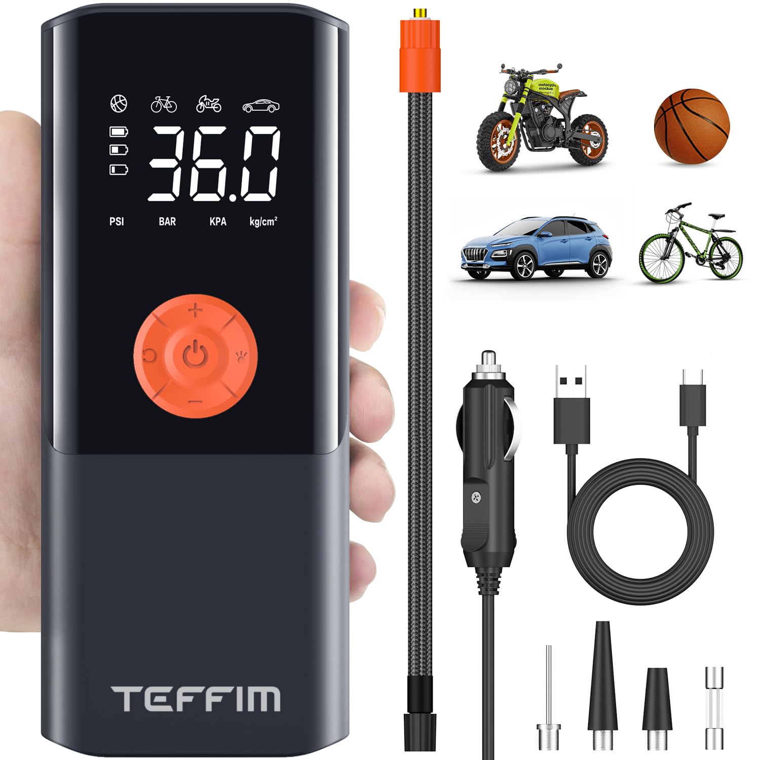 Teffim Tire Inflator Portable Air Compressor With Digital Pressure Gauge, 12V Smart Air Pump For Car Tires, Motorcycle, Suv, Ele