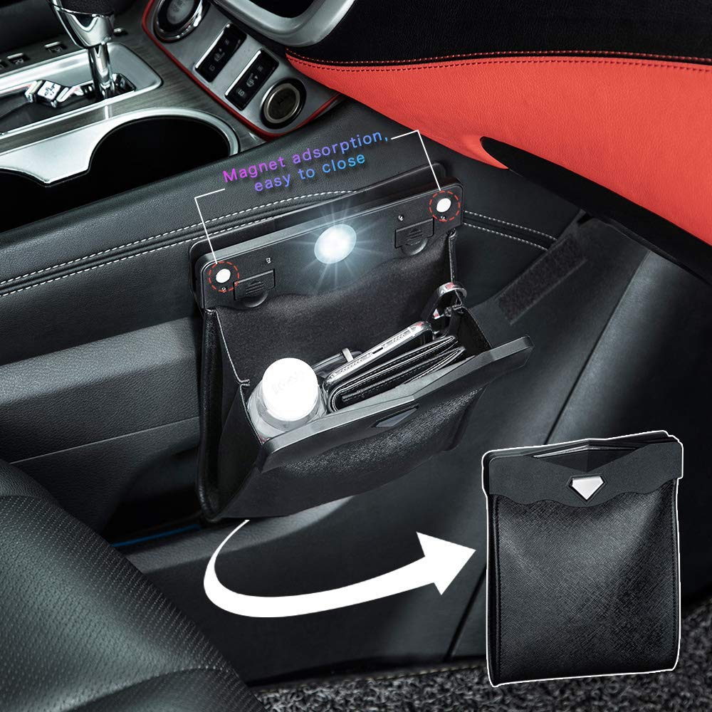 Smart Led Car Trash Can Waterproof Garbage Bag Passenger Side Artificial Leather Storage Pocket Leak Proof Reusable Traveling Po