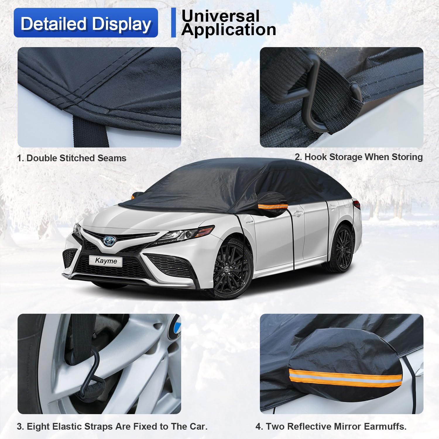 Kayme Half Car Cover, Windshield Cover For Ice And Snow Top With Reflective Straps, Roof Cover Waterproof All Weather Dust, Sun