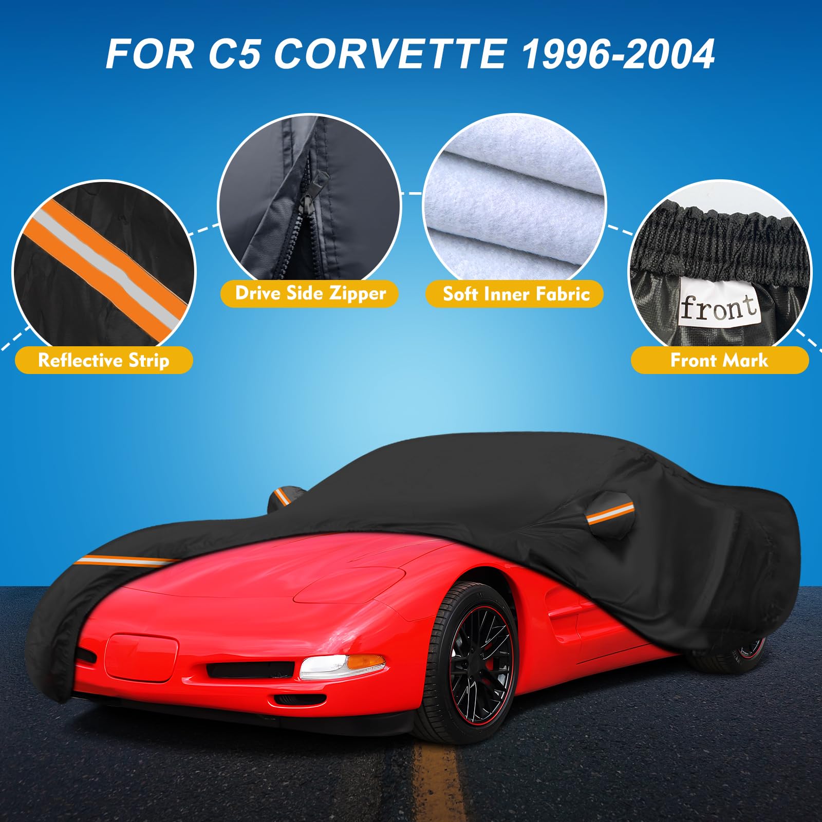 QUNSUNUS 6 Layer Car Cover for C5 Corvette 1996-2004 Waterproof All Weather Windproof for Corvette Car Cover Hail Protection wit