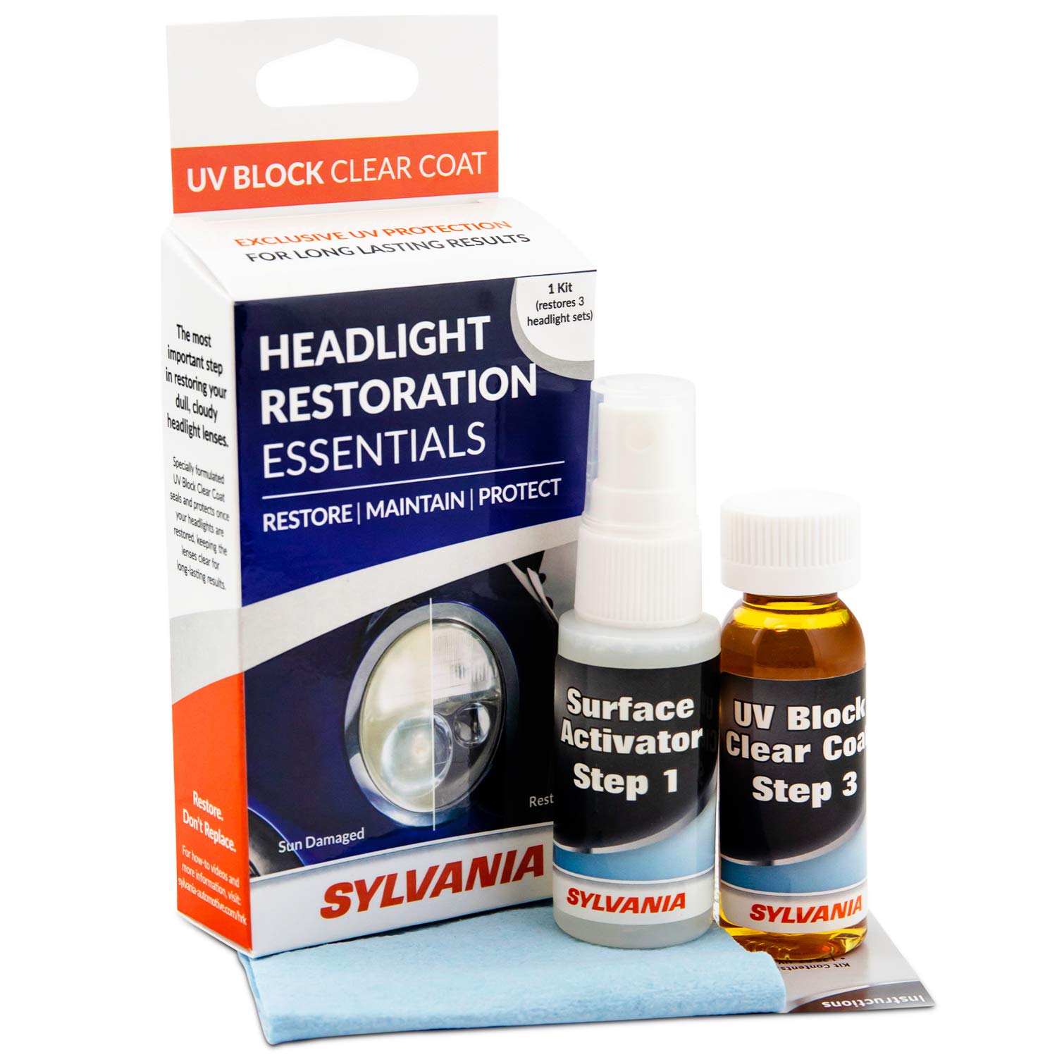 Sylvania - Headlight Restoration Essentials Kit - Uv Block Clear Coat, Most Important Step To Restore Sun Damaged Headlights, Su