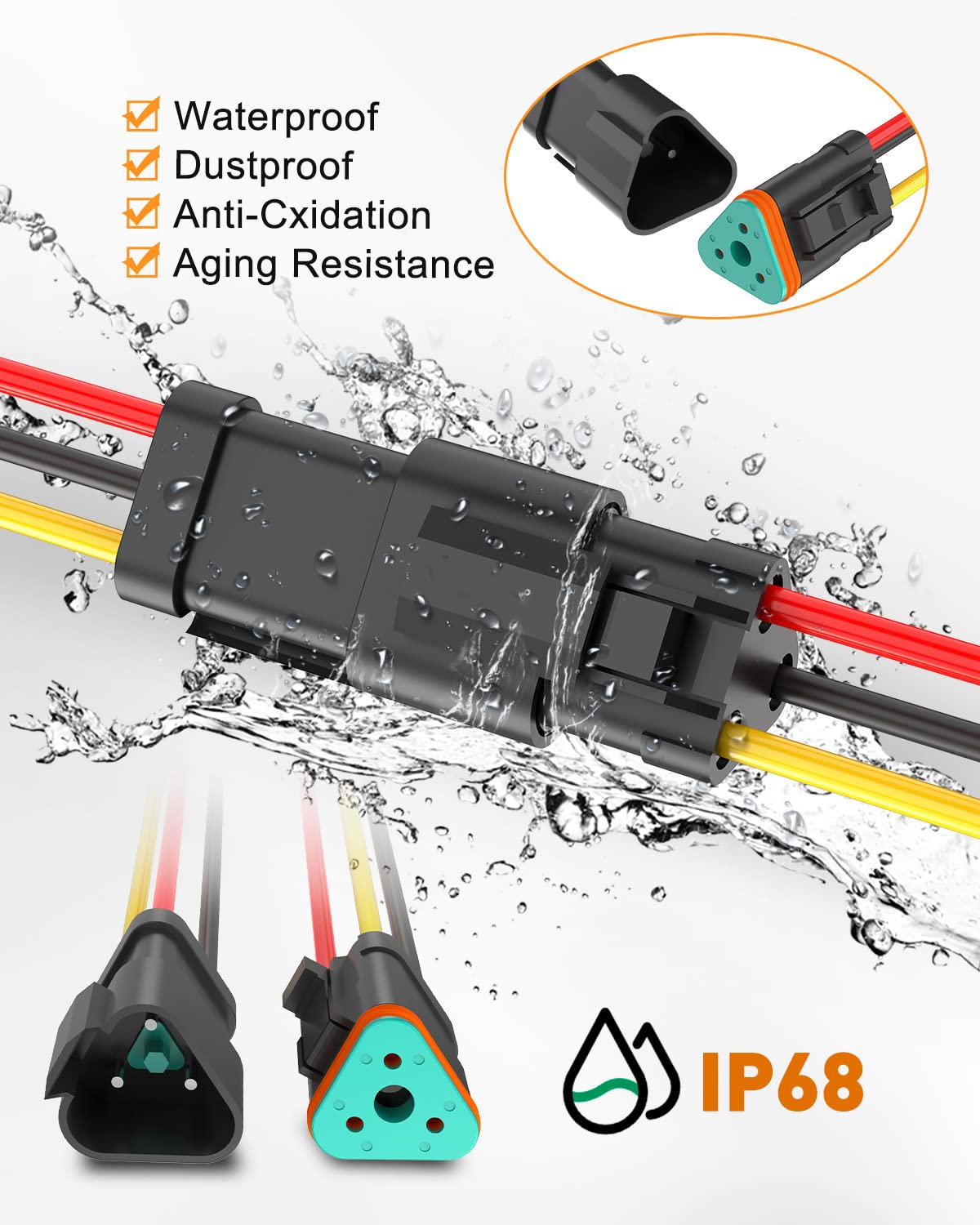 NAOEVO 3 Pin DT Connectors Waterproof, 3 Wire Connector 16 AWG Automotive Electrical Connector, 3 Pin Connectors Male And Female