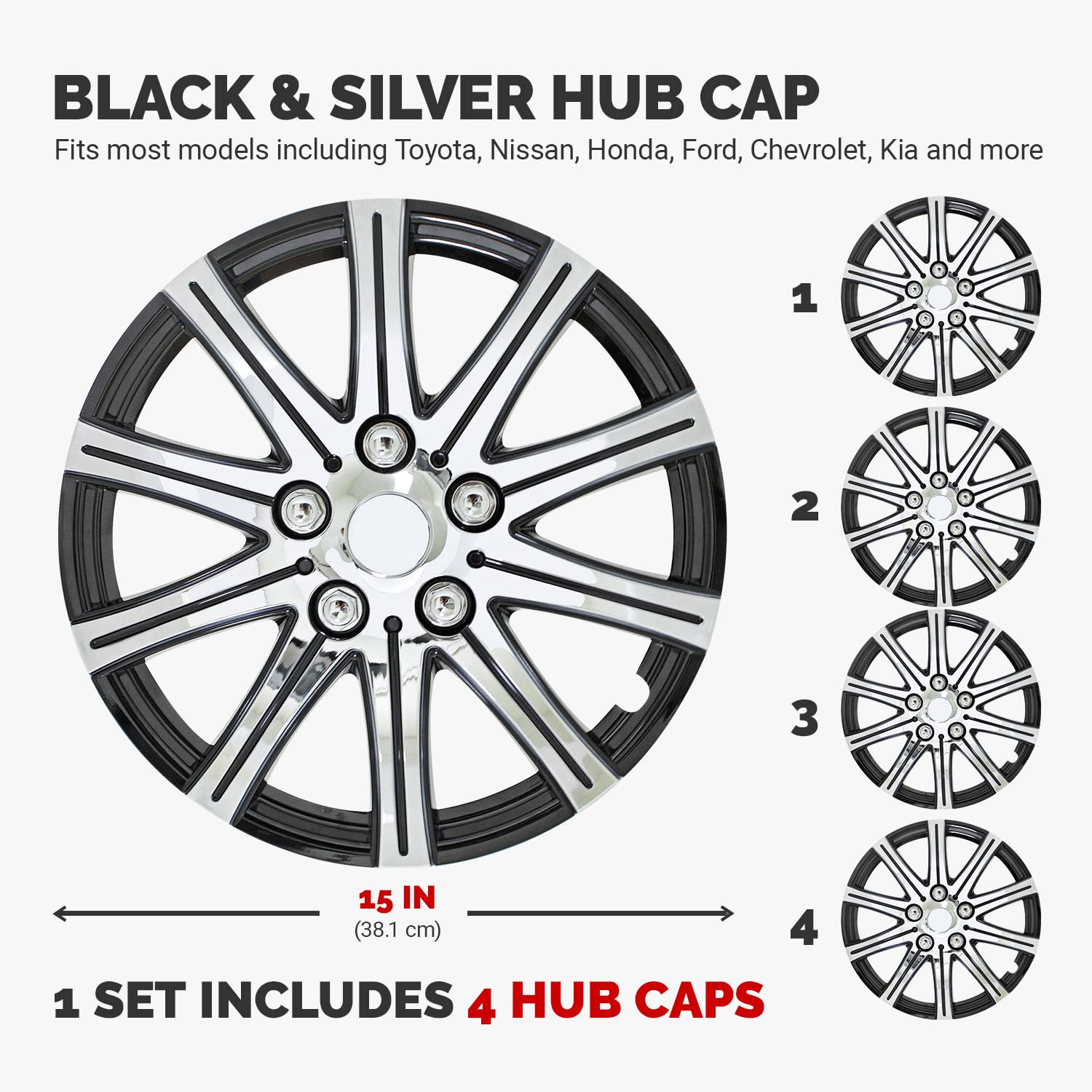Pilot Automotive Wh528-15Se-Bx 15 Inch Silver With Black Accent Universal Hubcap Wheel Covers For Cars - Set Of 4 - Fits Most Ca