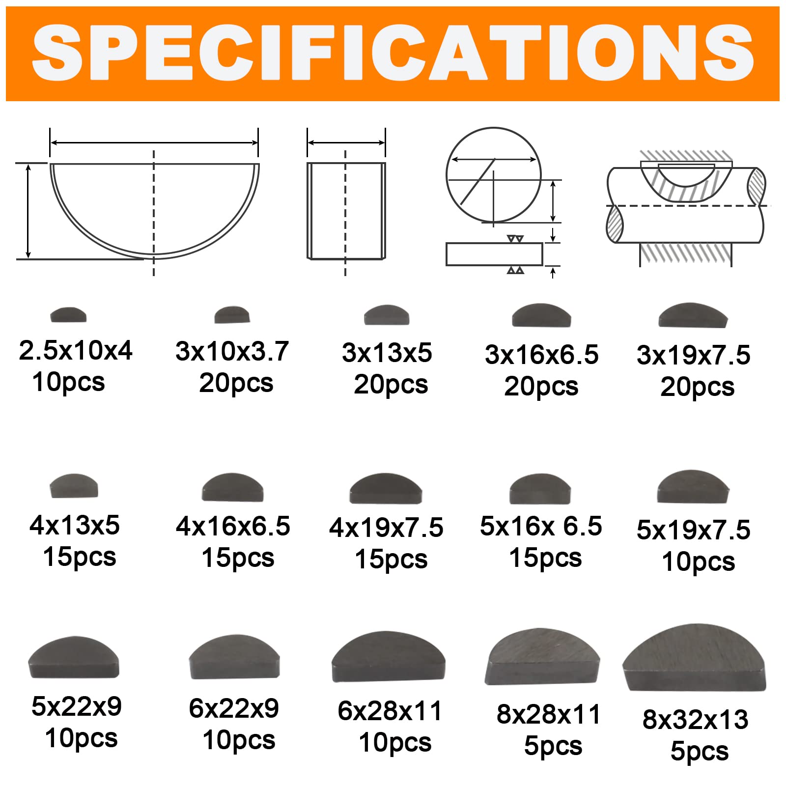 HaSaoMoi 200pcs Metric Woodruff Key Assortment Kit with 15 Most Popular Sizes - Woodruff semicircle Key - Half Moon Key - Keyway