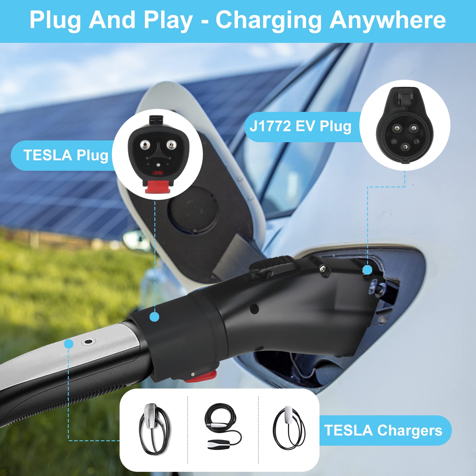 [Only For J1772 Ev Use] Tesla To J1772 Adapter, Max 60 Amp & 250V, Taechu J1772 Ev Charging Adapter With Anti-Drop Lock, Compatible With Tesla Wall/Destination/Mobile Chargers(With A Storage Box)