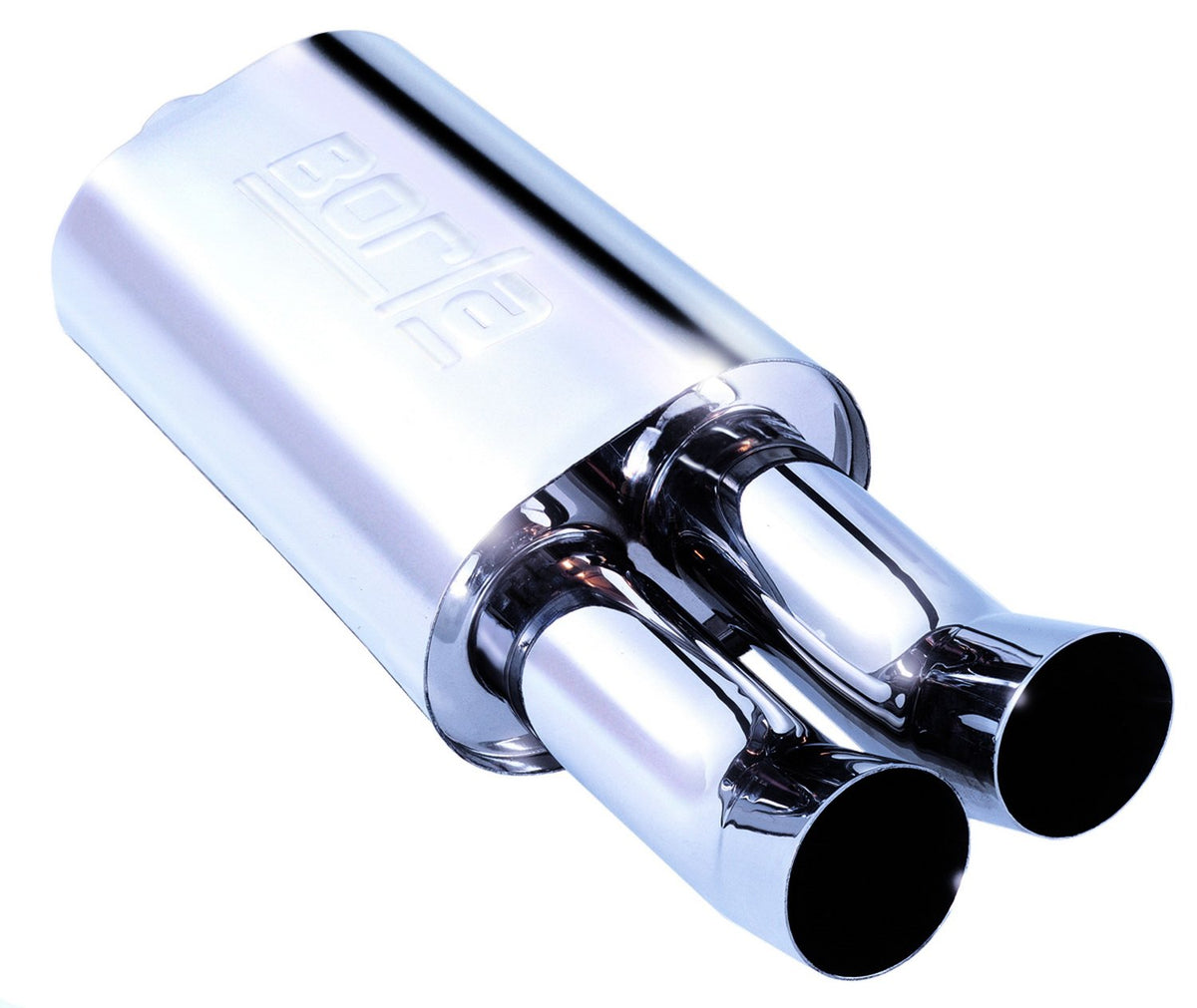 BORLA 40059 Boomers Spitfire Boomers Muffler - 2.25&quot; Center Inlet/Dual 3&quot; Round DTM Style Tips 5.5&quot; x 8.5 Oval x 14&quot; Long Body 26.25&quot; Overall Length. Universal Part.